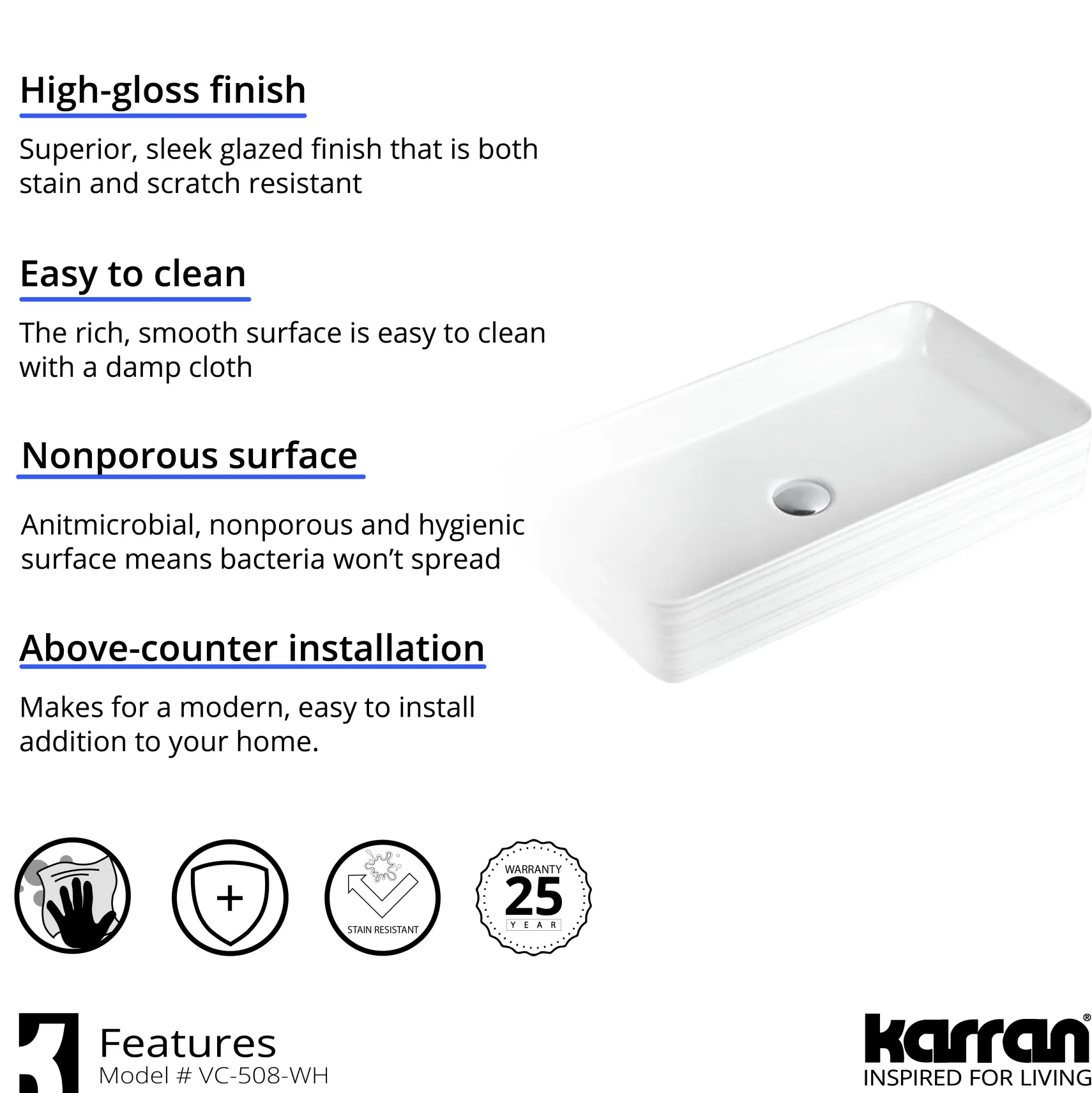 Karran Valera 26.375" x 14.875" x 3.5" Rectangular Vessel Vitreous China ADA Bathroom Sink, White, VC-508-WH