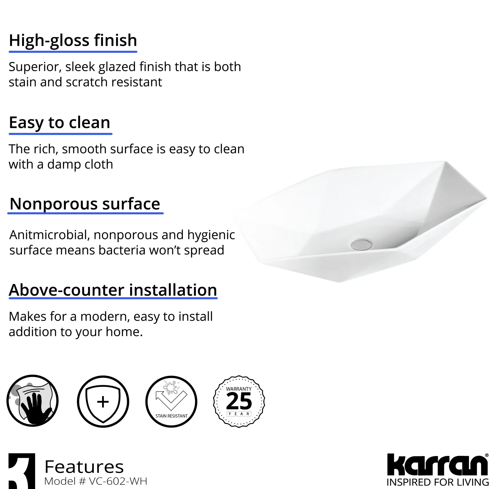 Karran Valera 25.125" x 16.5" x 4.5" Rectangular Vessel Vitreous China ADA Bathroom Sink, White, VC-602-WH
