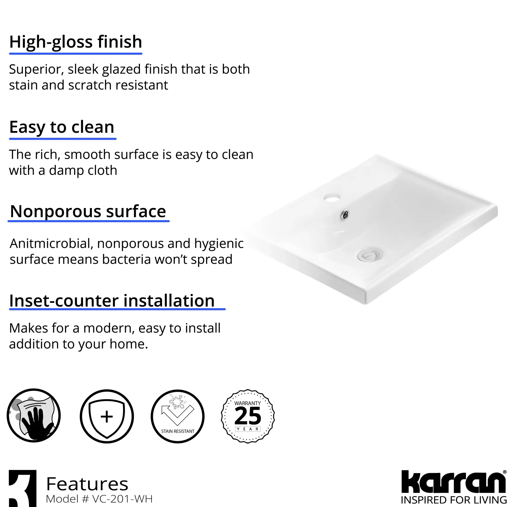 Karran Valera 20.375" x 16.125" x 4.5" Rectangular Vessel Vitreous China ADA Bathroom Sink, White, VC-201-WH