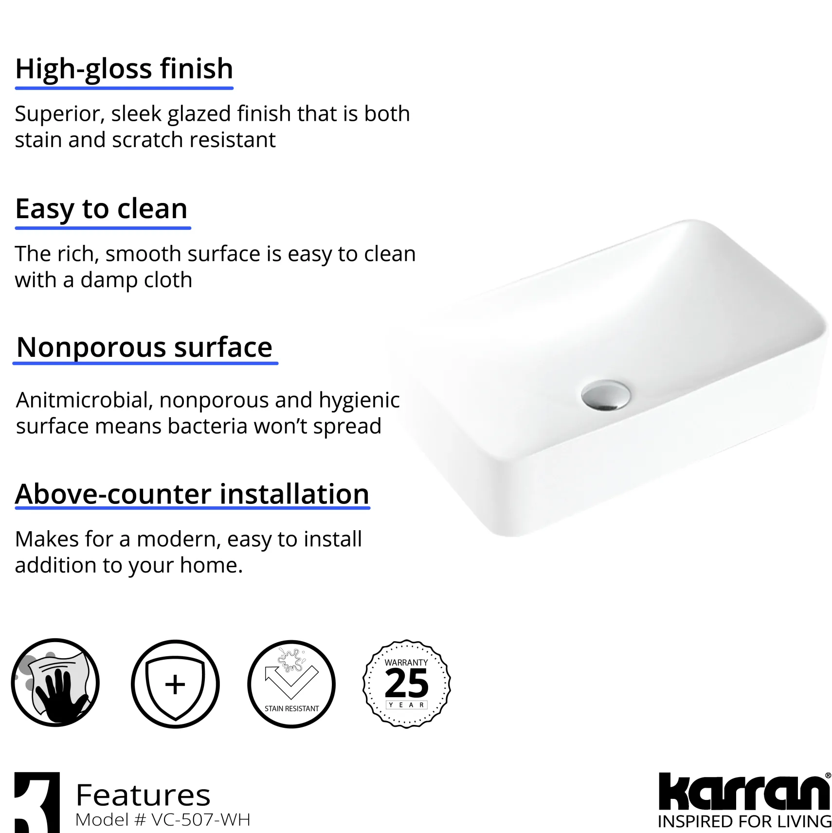 Karran Valera 19" x 11.5" x 3.75" Rectangular Vessel Vitreous China ADA Bathroom Sink, White, VC-507-WH