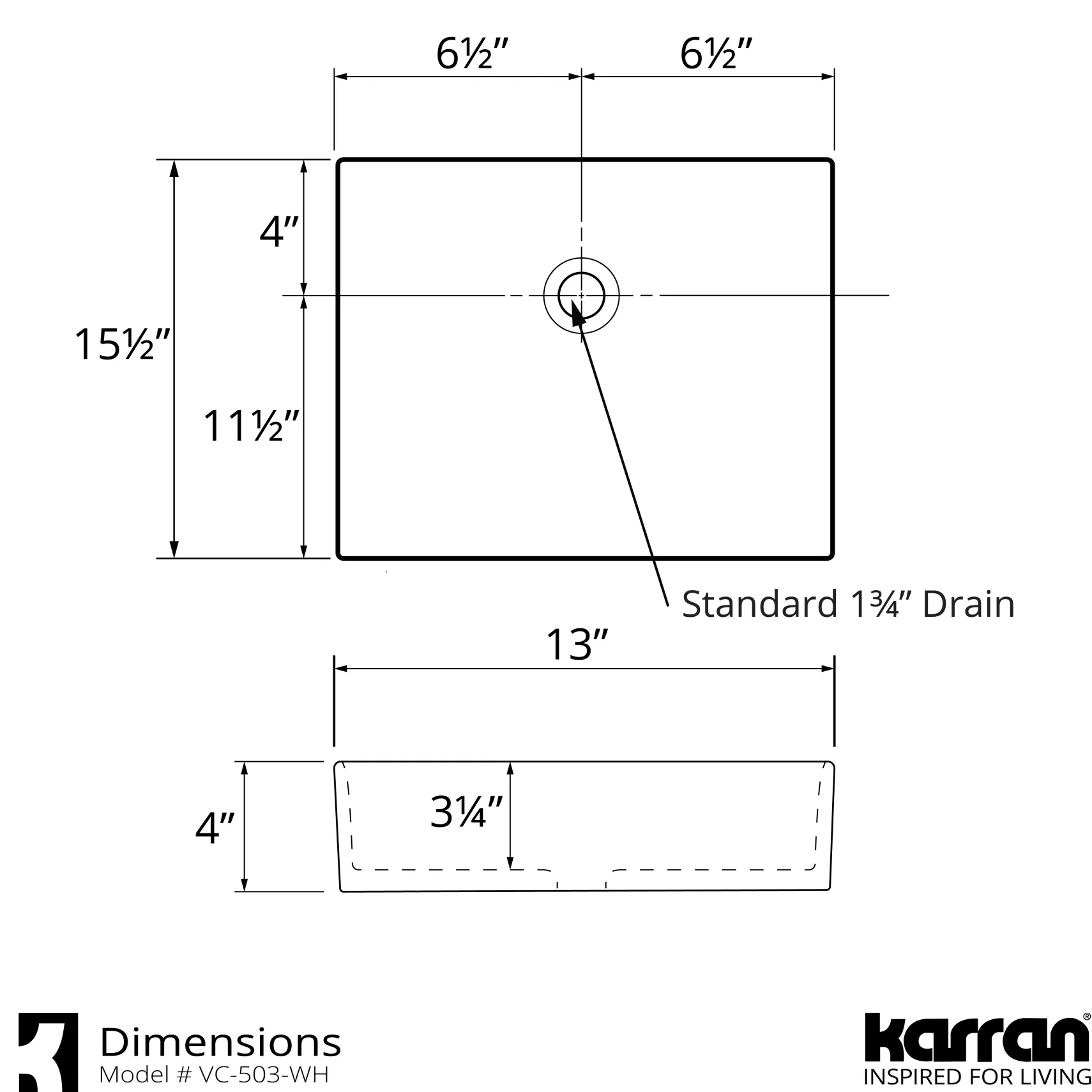 Karran Valera 15.5" x 13" x 3.25" Rectangular Vessel Vitreous China ADA Bathroom Sink, White, VC-503-WH