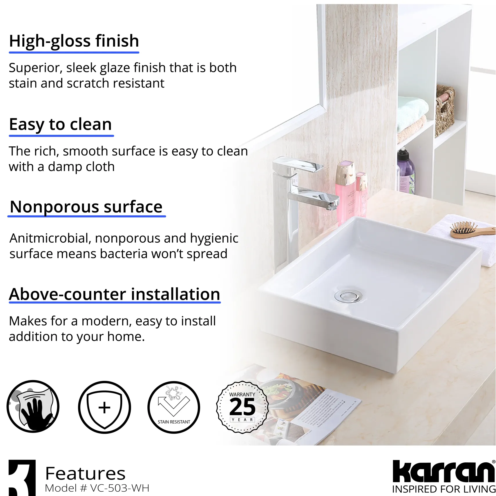 Karran Valera 15.5" x 13" x 3.25" Rectangular Vessel Vitreous China ADA Bathroom Sink, White, VC-503-WH
