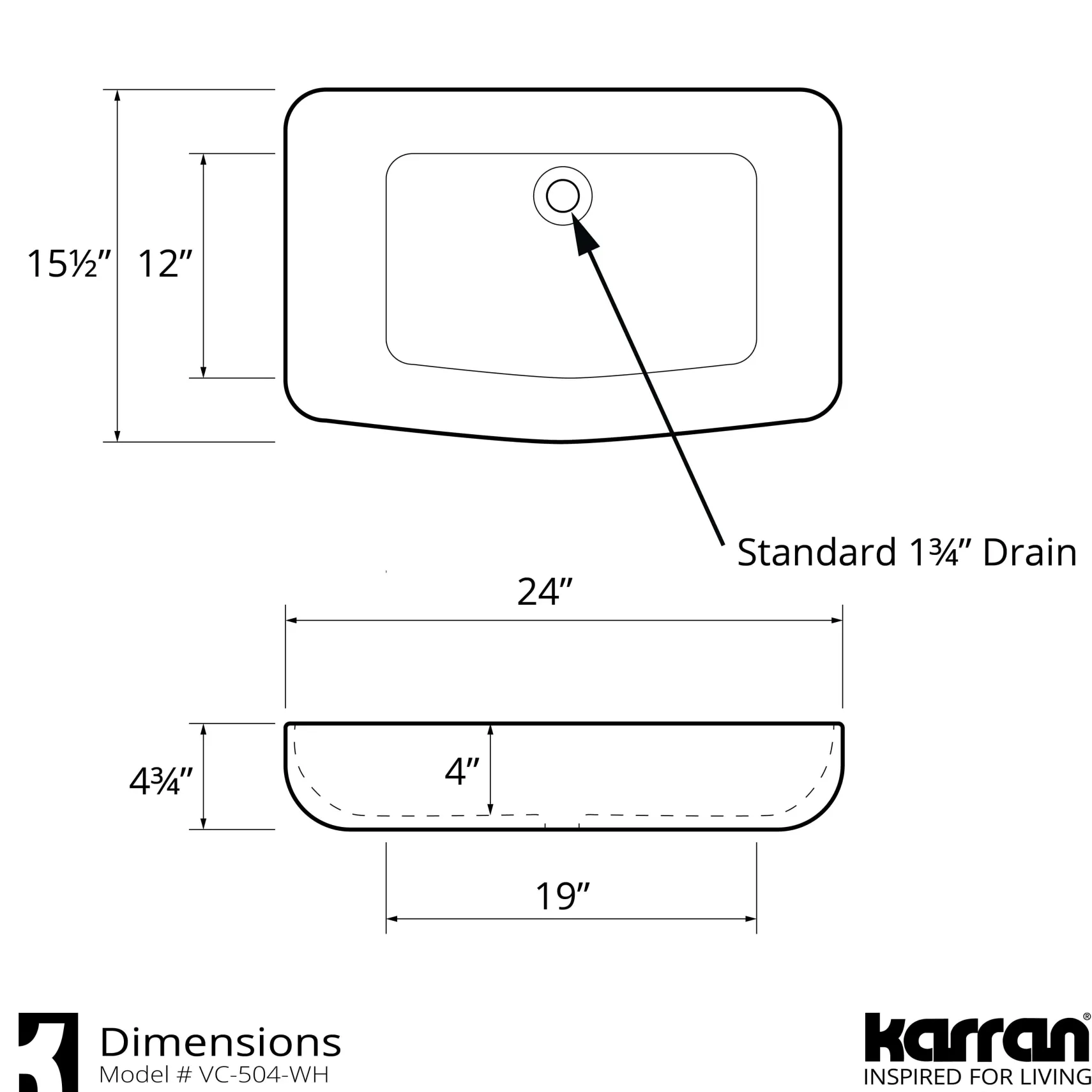 Karran Valera 24" x 15.5" x 4" Rectangular Vessel Vitreous China ADA Bathroom Sink, White, VC-504-WH