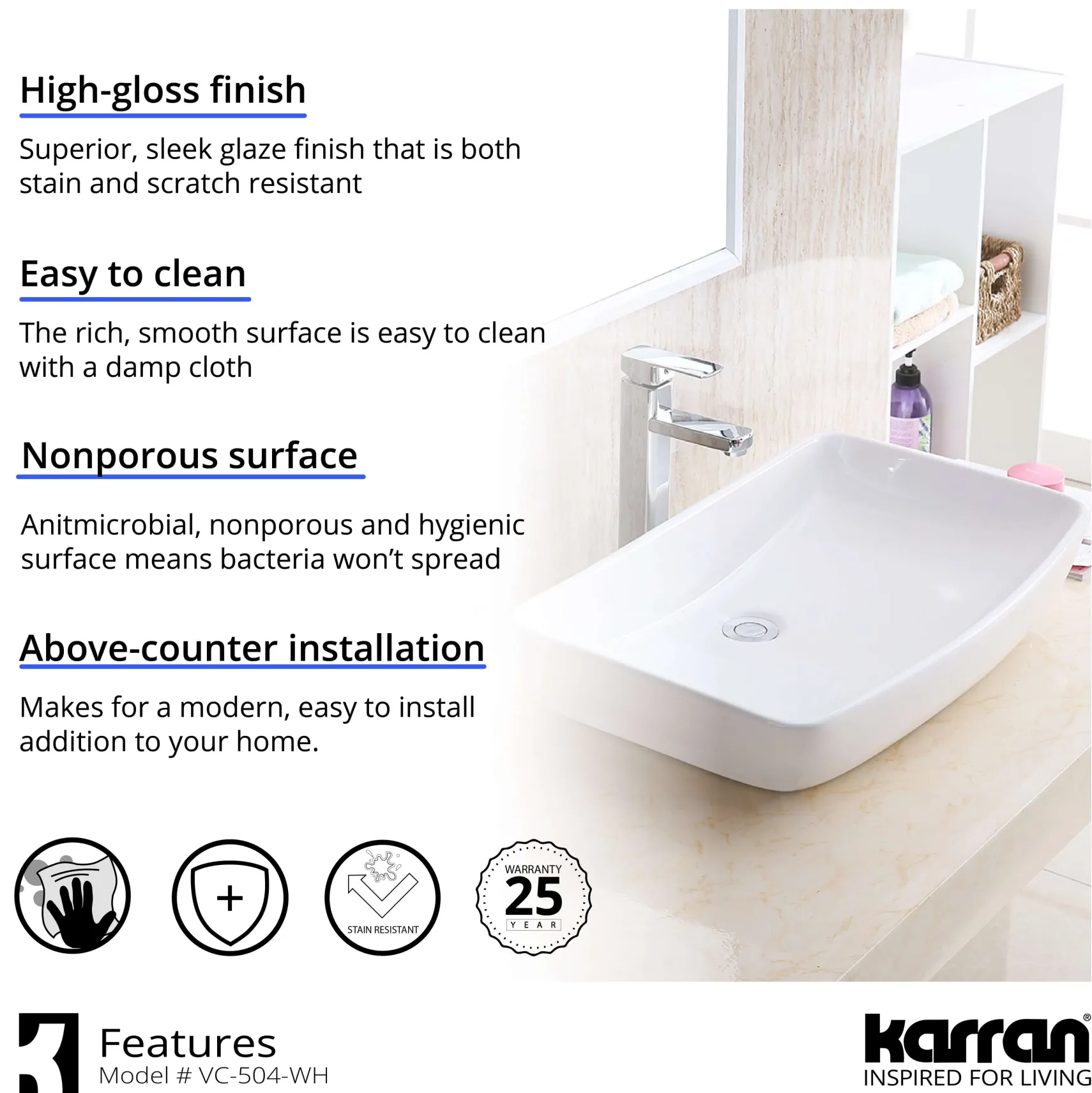 Karran Valera 24" x 15.5" x 4" Rectangular Vessel Vitreous China ADA Bathroom Sink, White, VC-504-WH