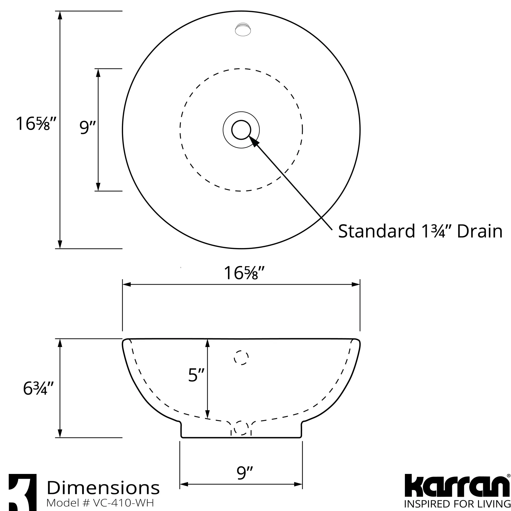 Karran Valera 16.625" x 16.625" x 5" Round Vessel Vitreous China ADA Bathroom Sink, White, VC-410-WH