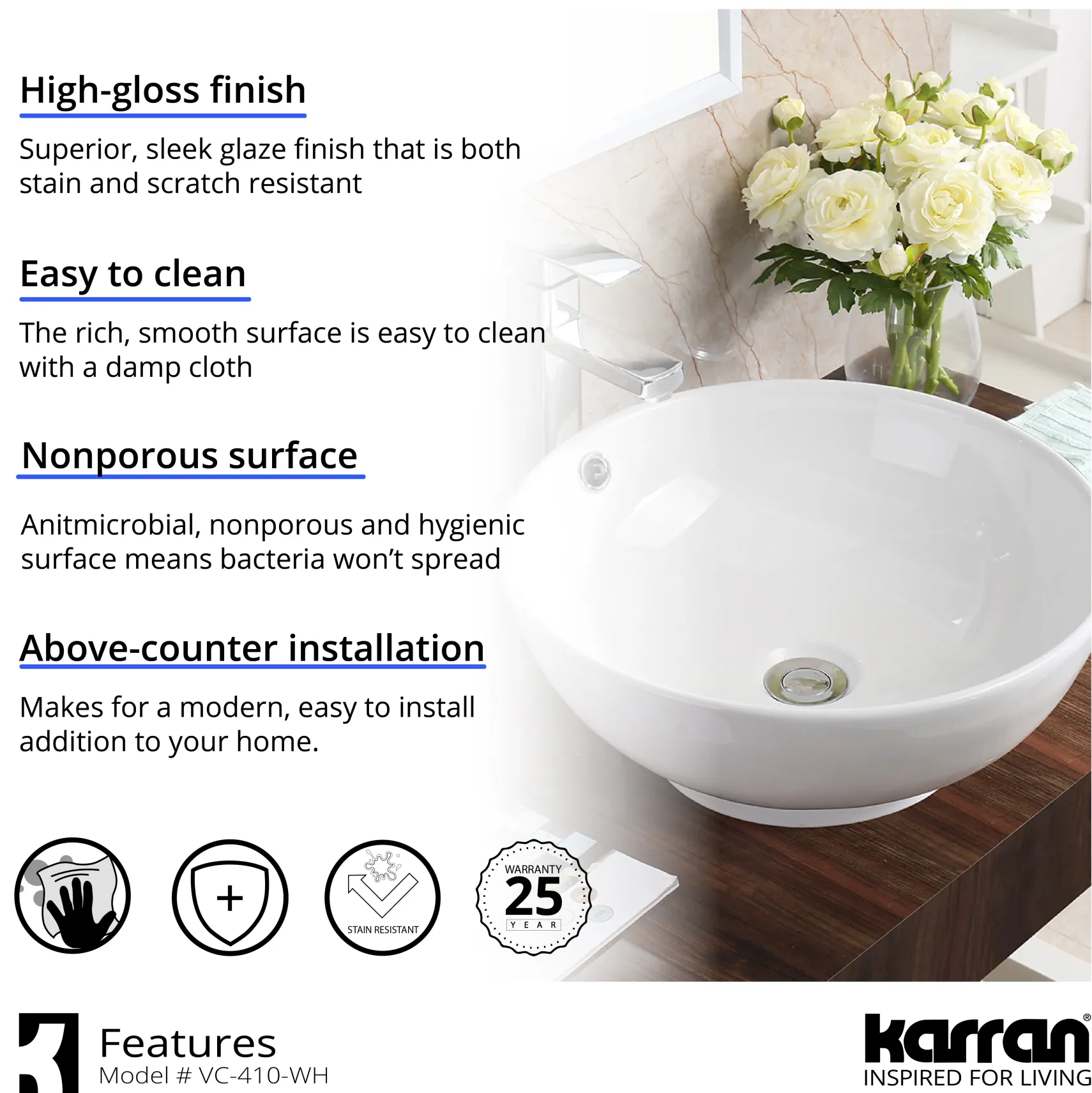 Karran Valera 16.625" x 16.625" x 5" Round Vessel Vitreous China ADA Bathroom Sink, White, VC-410-WH