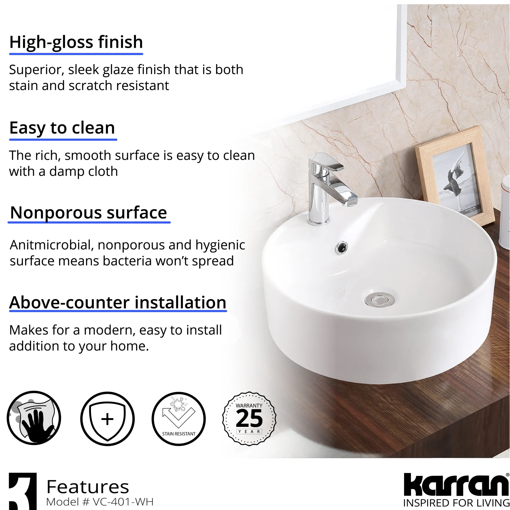 Karran Valera 18.125" x 18.125" x 4.25" Round Vessel Vitreous China ADA Bathroom Sink, White, VC-401-WH