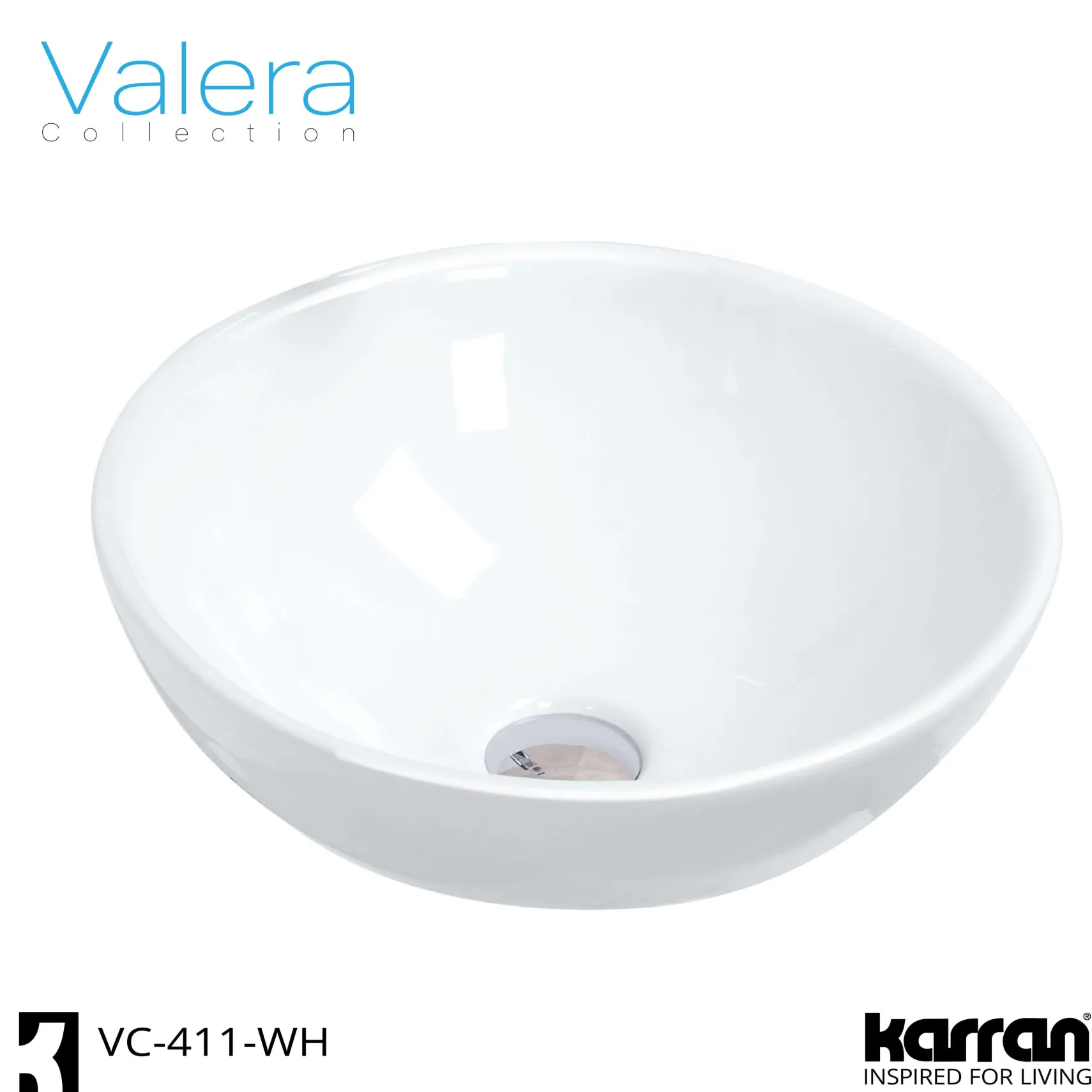 Karran Valera 15.5" x 15.5" x 5" Round Vessel Vitreous China ADA Bathroom Sink, White, VC-411-WH