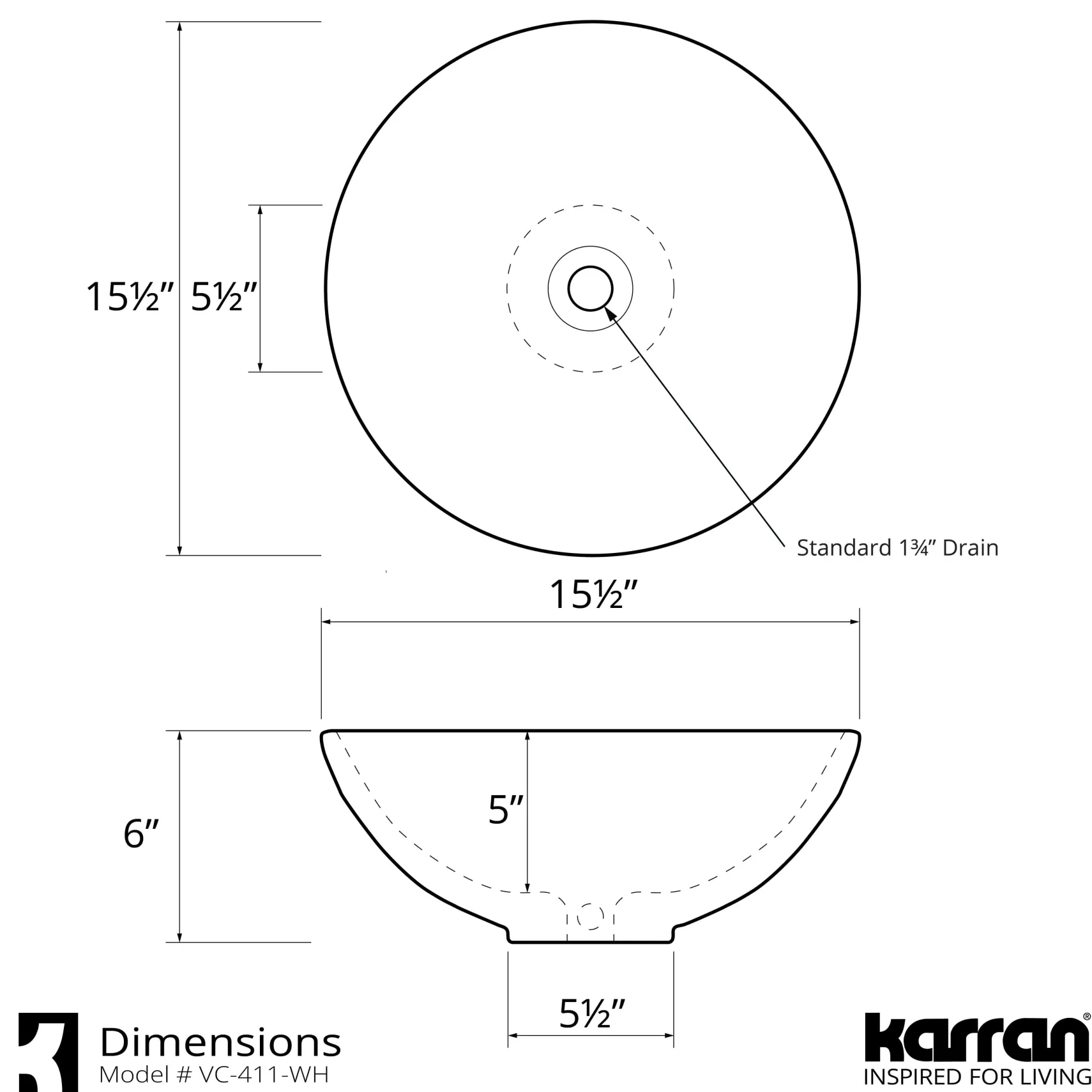 Karran Valera 15.5" x 15.5" x 5" Round Vessel Vitreous China ADA Bathroom Sink, White, VC-411-WH