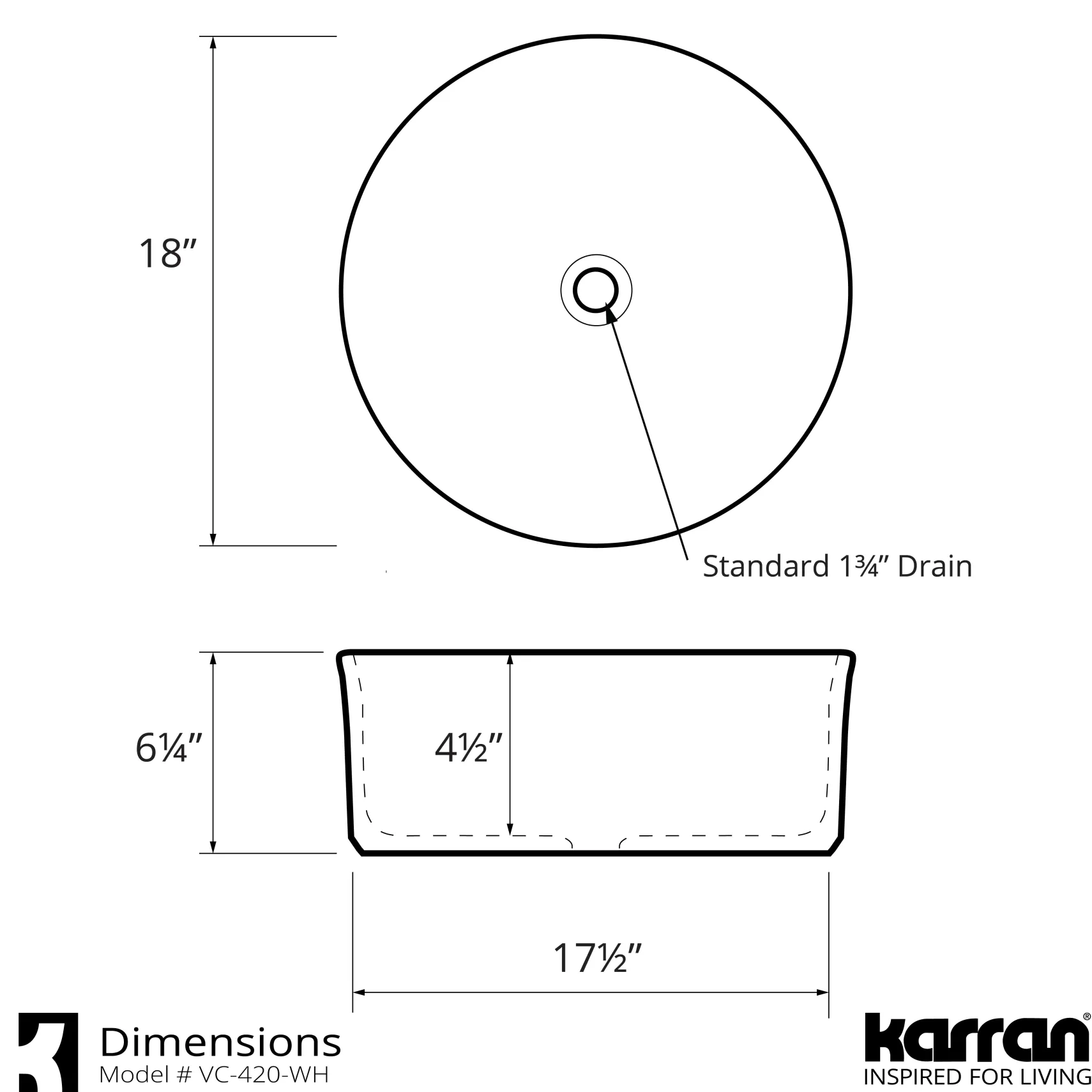 Karran Valera 18" x 18" x 4.5" Round Vessel Vitreous China ADA Bathroom Sink, White, VC-420-WH