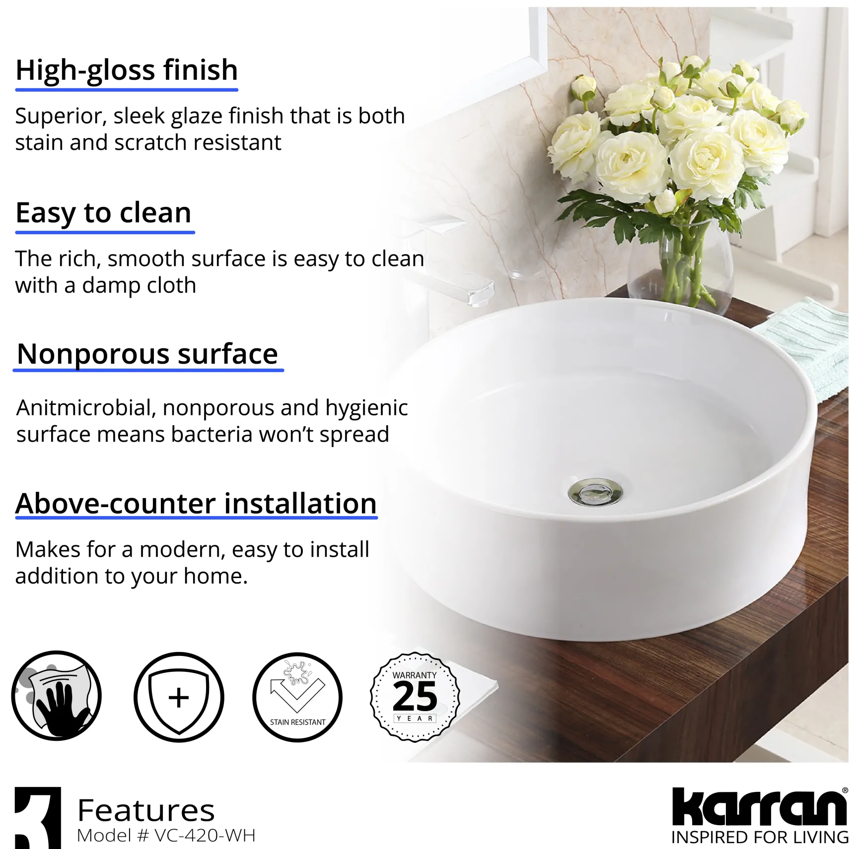 Karran Valera 18" x 18" x 4.5" Round Vessel Vitreous China ADA Bathroom Sink, White, VC-420-WH
