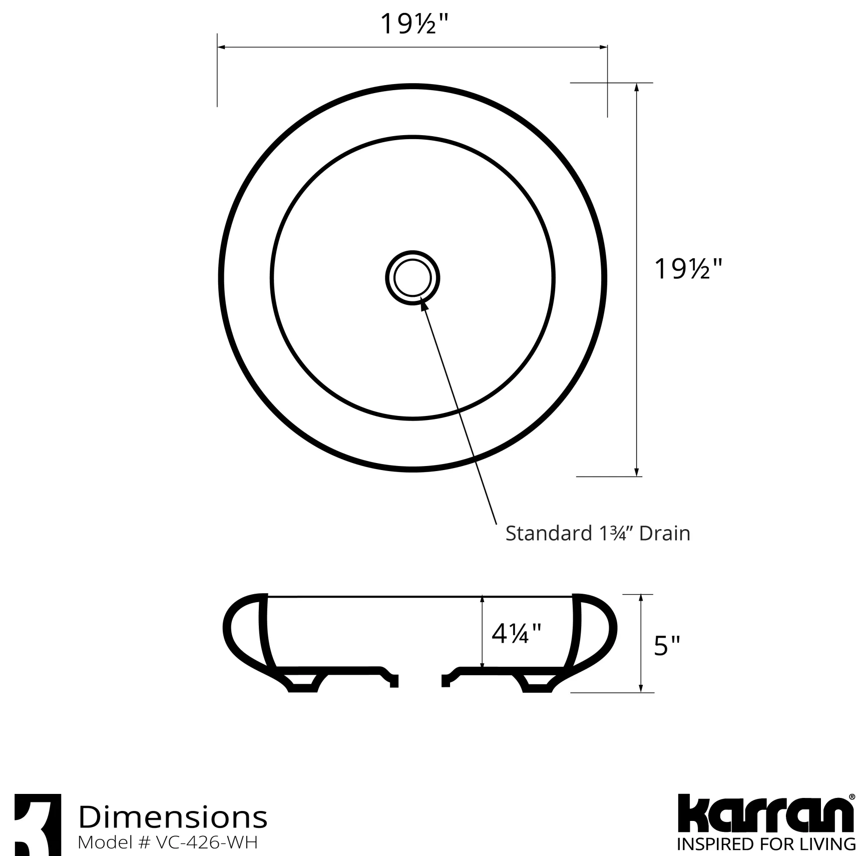 Karran Valera 19.5" x 19.5" x 4.25" Round Vessel Vitreous China ADA Bathroom Sink, White, VC-426-WH