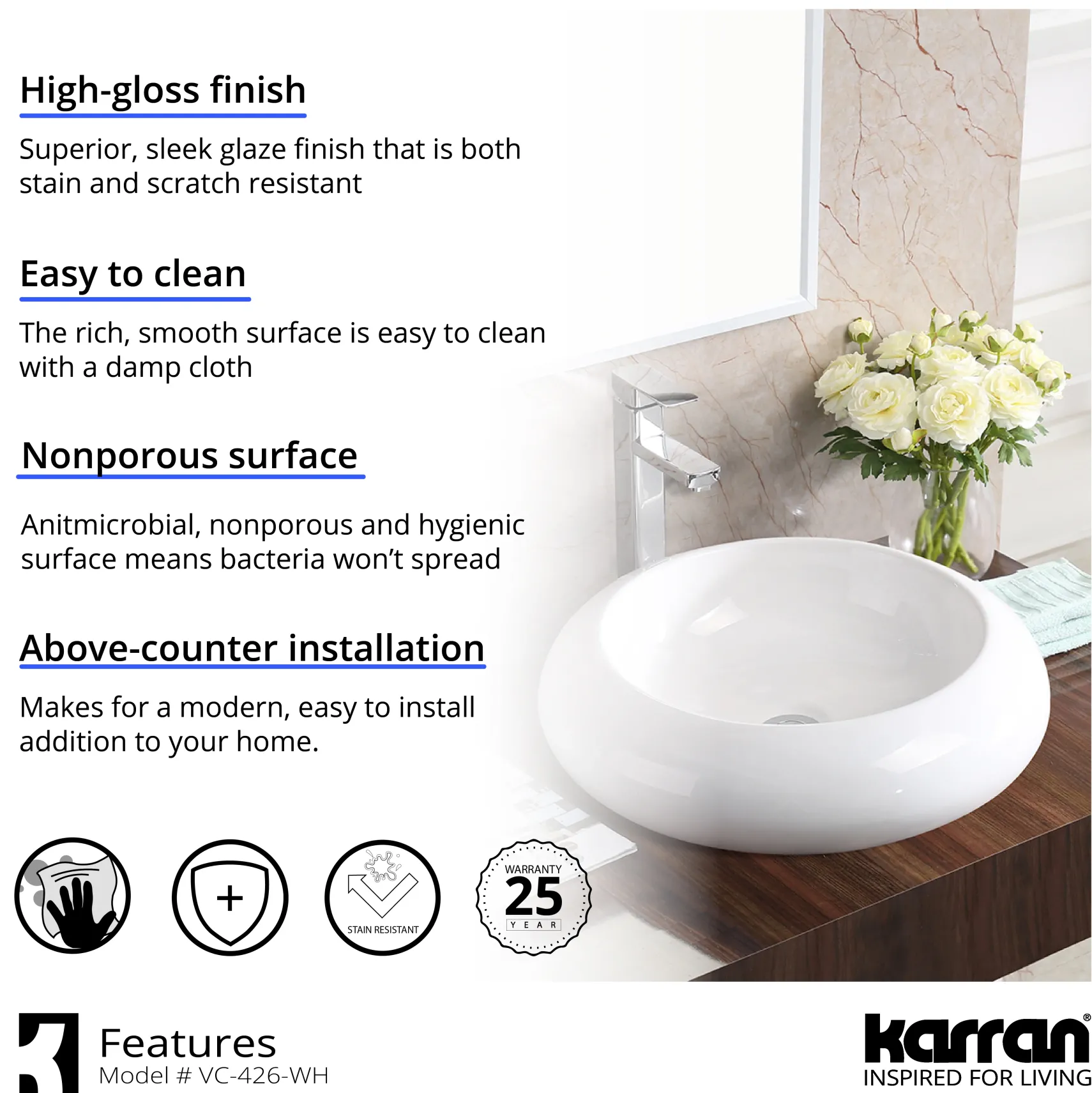 Karran Valera 19.5" x 19.5" x 4.25" Round Vessel Vitreous China ADA Bathroom Sink, White, VC-426-WH