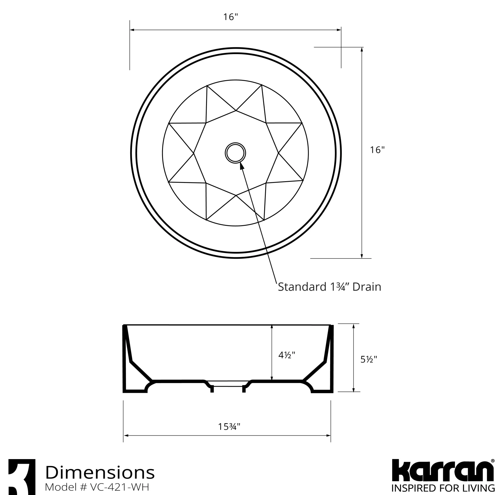 Karran Valera 16" x 16" x 4.5" Round Vessel Vitreous China ADA Bathroom Sink, White, VC-421-WH