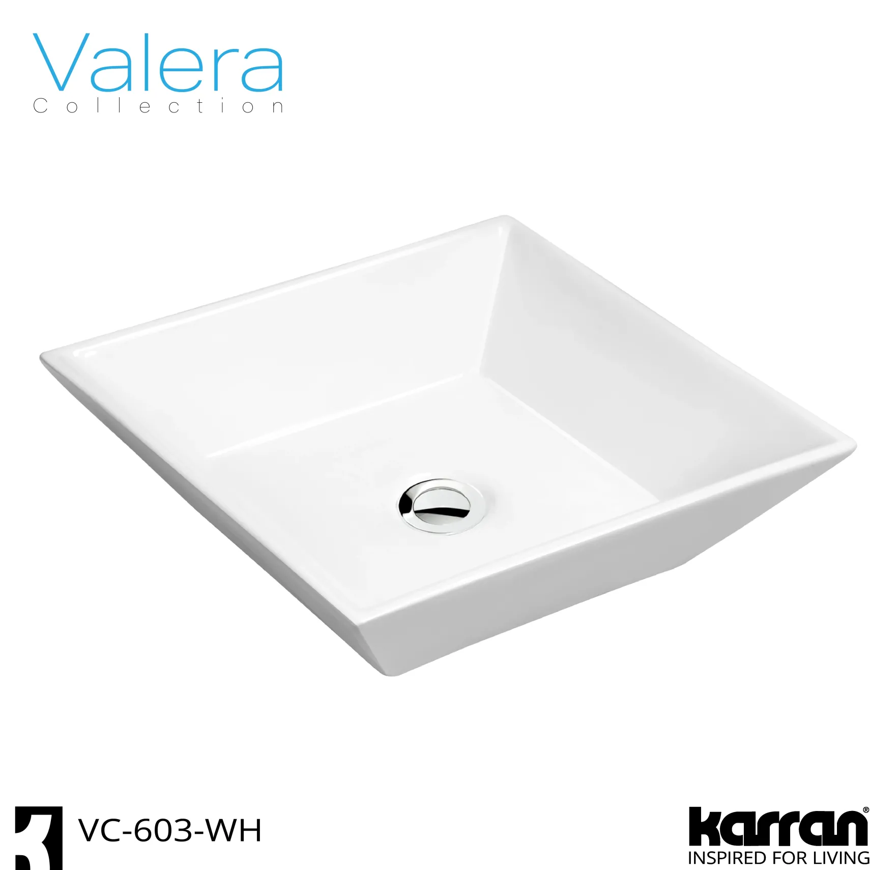 Karran Valera 16.25" x 16.25" x 3.75" Square Vessel Vitreous China ADA Bathroom Sink, White, VC-603-WH