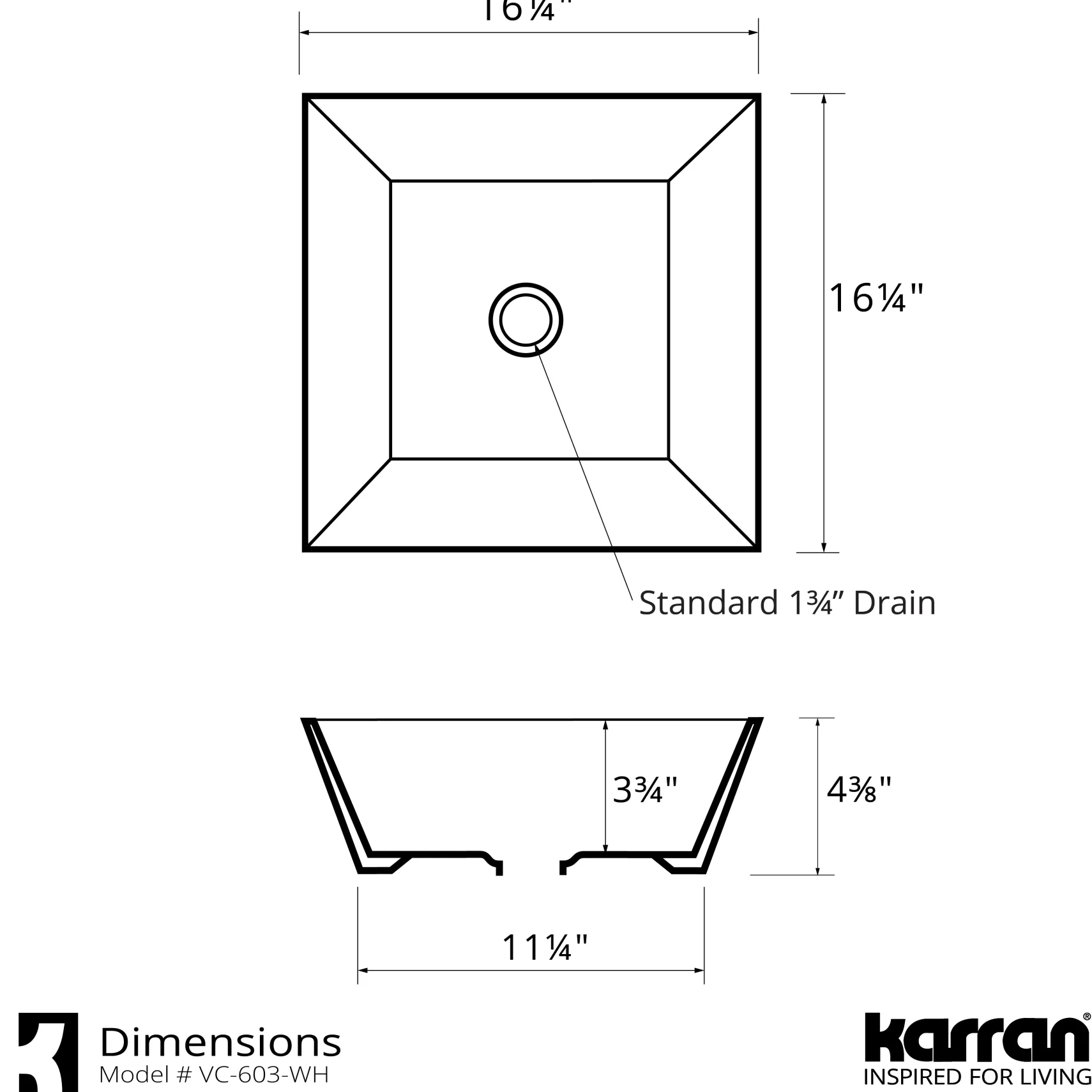 Karran Valera 16.25" x 16.25" x 3.75" Square Vessel Vitreous China ADA Bathroom Sink, White, VC-603-WH