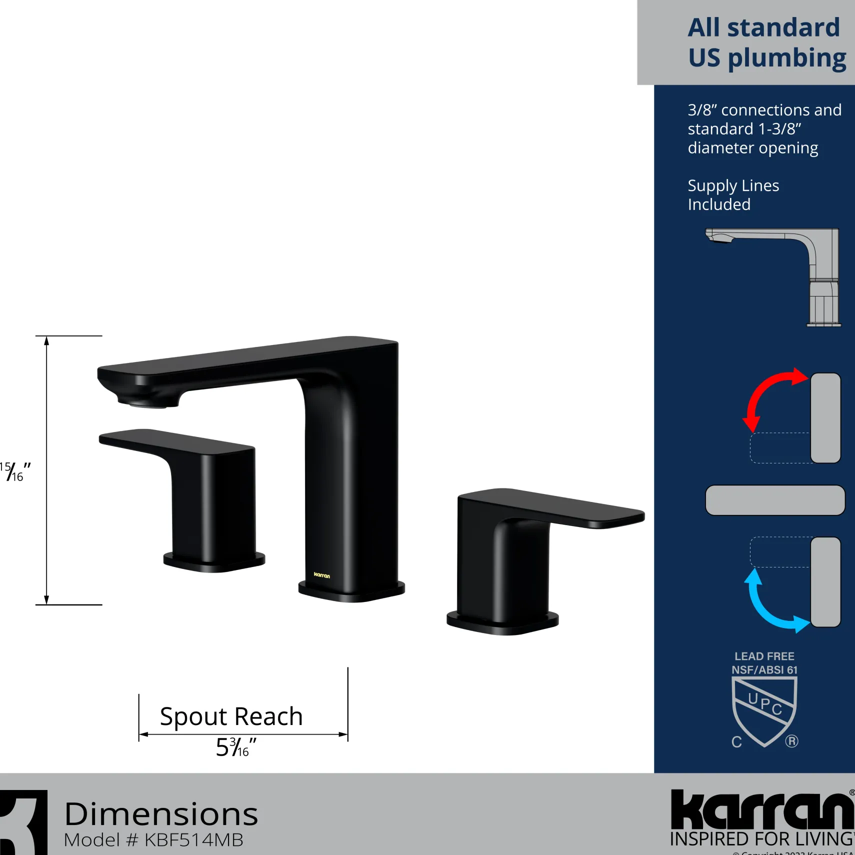 Karran Venda 1.2 GPM Double Lever Handle Lead-free Brass ADA Bathroom Faucet, Widespread, Matte Black, KBF514MB
