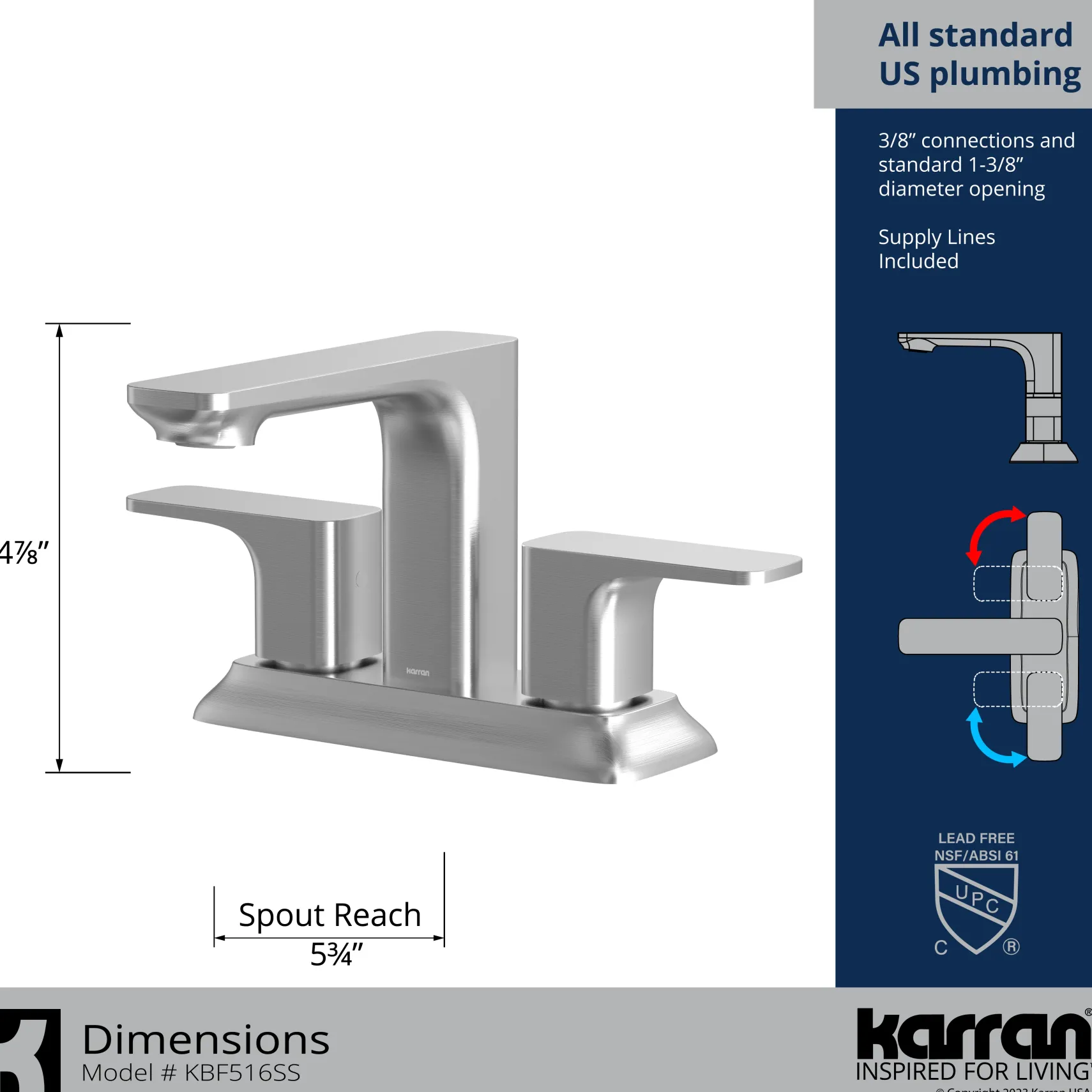 Karran Venda 1.2 GPM Double Lever Handle Lead-free Brass ADA Bathroom Faucet, Centerset, Stainless Steel, KBF516SS