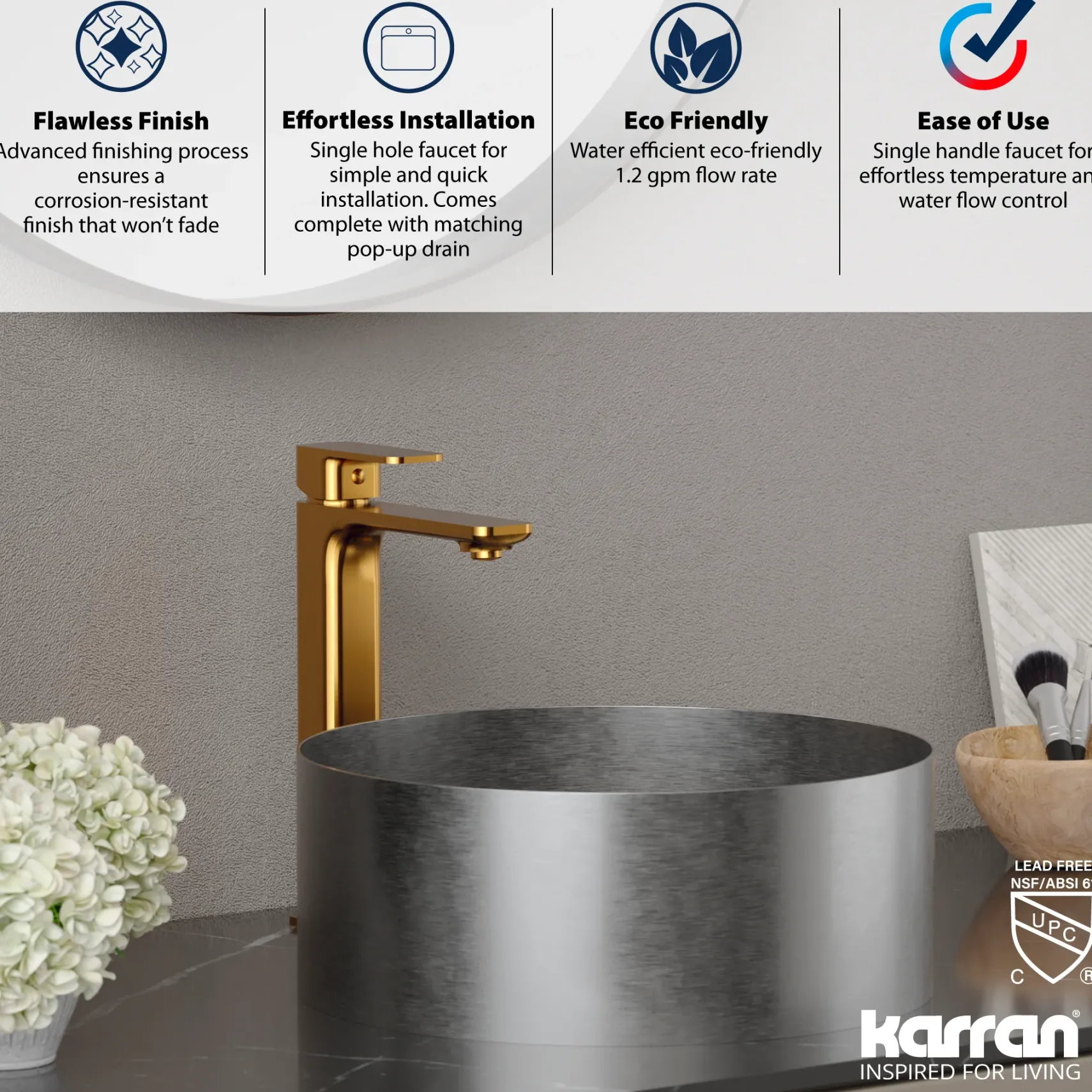 Karran Venda 1.2 GPM Single Lever Handle Lead-free Brass ADA Bathroom Faucet, Vessel, Gold, KBF512G