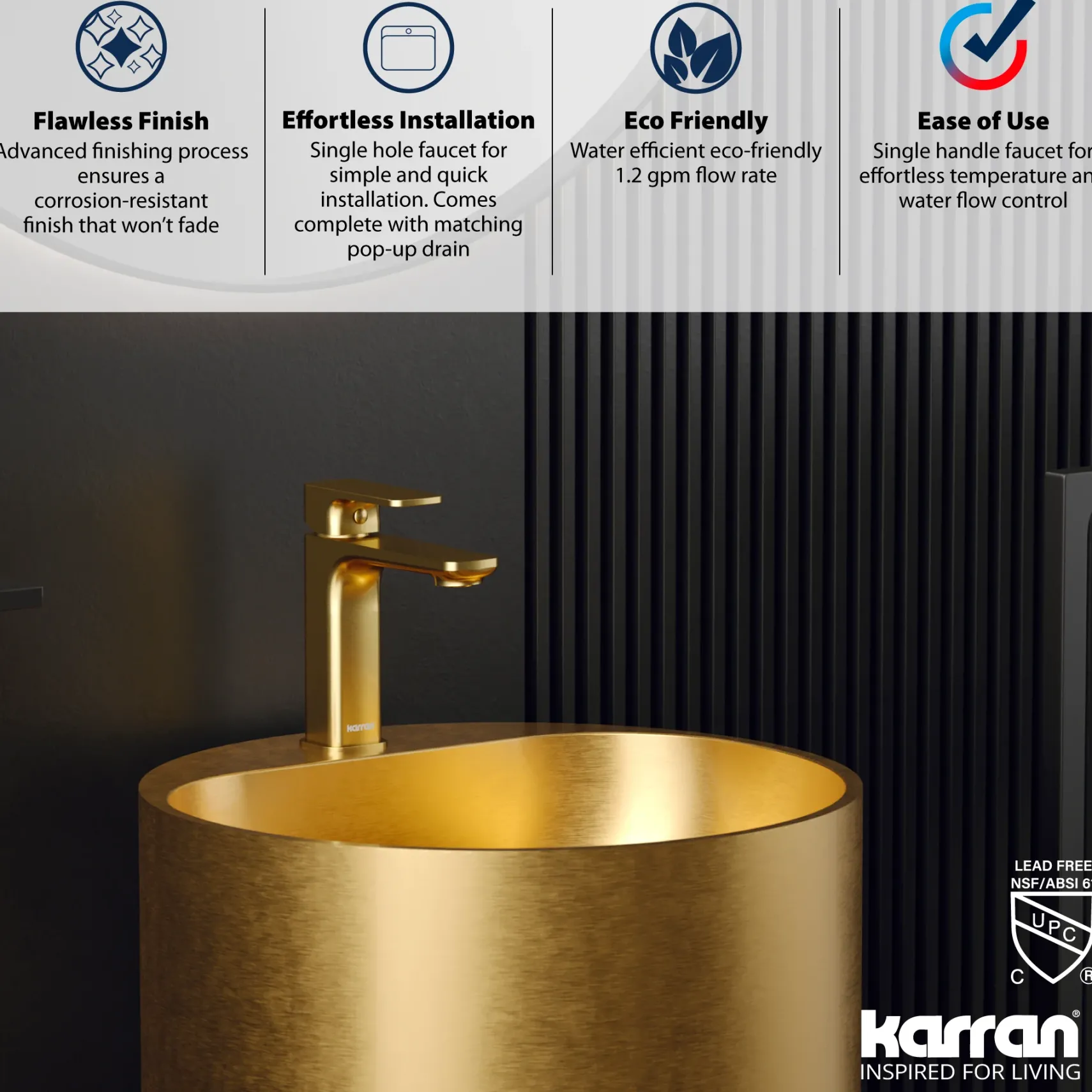 Karran Venda 1.2 GPM Single Lever Handle Lead-free Brass ADA Bathroom Faucet, Basin, Brushed Gold, KBF510BG
