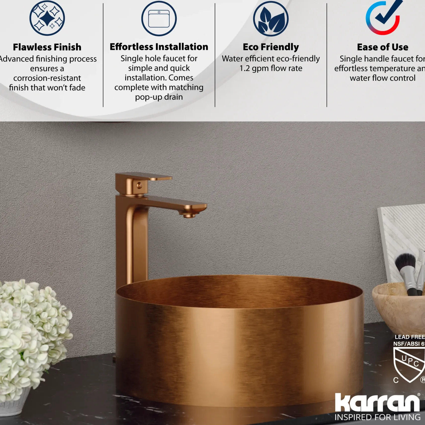 Karran Venda 1.2 GPM Single Lever Handle Lead-free Brass ADA Bathroom Faucet, Vessel, Brushed Copper, KBF512BC