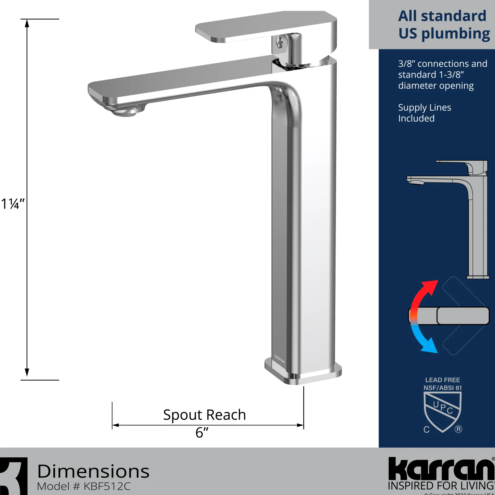Karran Venda 1.2 GPM Single Lever Handle Lead-free Brass ADA Bathroom Faucet, Vessel, Chrome, KBF512C