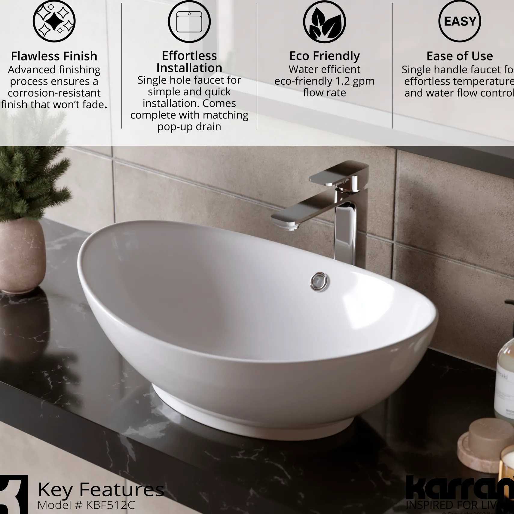 Karran Venda 1.2 GPM Single Lever Handle Lead-free Brass ADA Bathroom Faucet, Vessel, Chrome, KBF512C