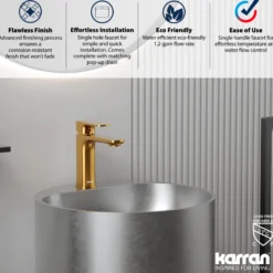 Karran Venda 1.2 GPM Single Lever Handle Lead-free Brass ADA Bathroom Faucet, Basin, Gold, KBF510G