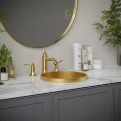 Karran Vineyard 1.2 GPM Double Lever Handle Lead-free Brass ADA Bathroom Faucet, Widespread, Brushed Gold, KBF474BG