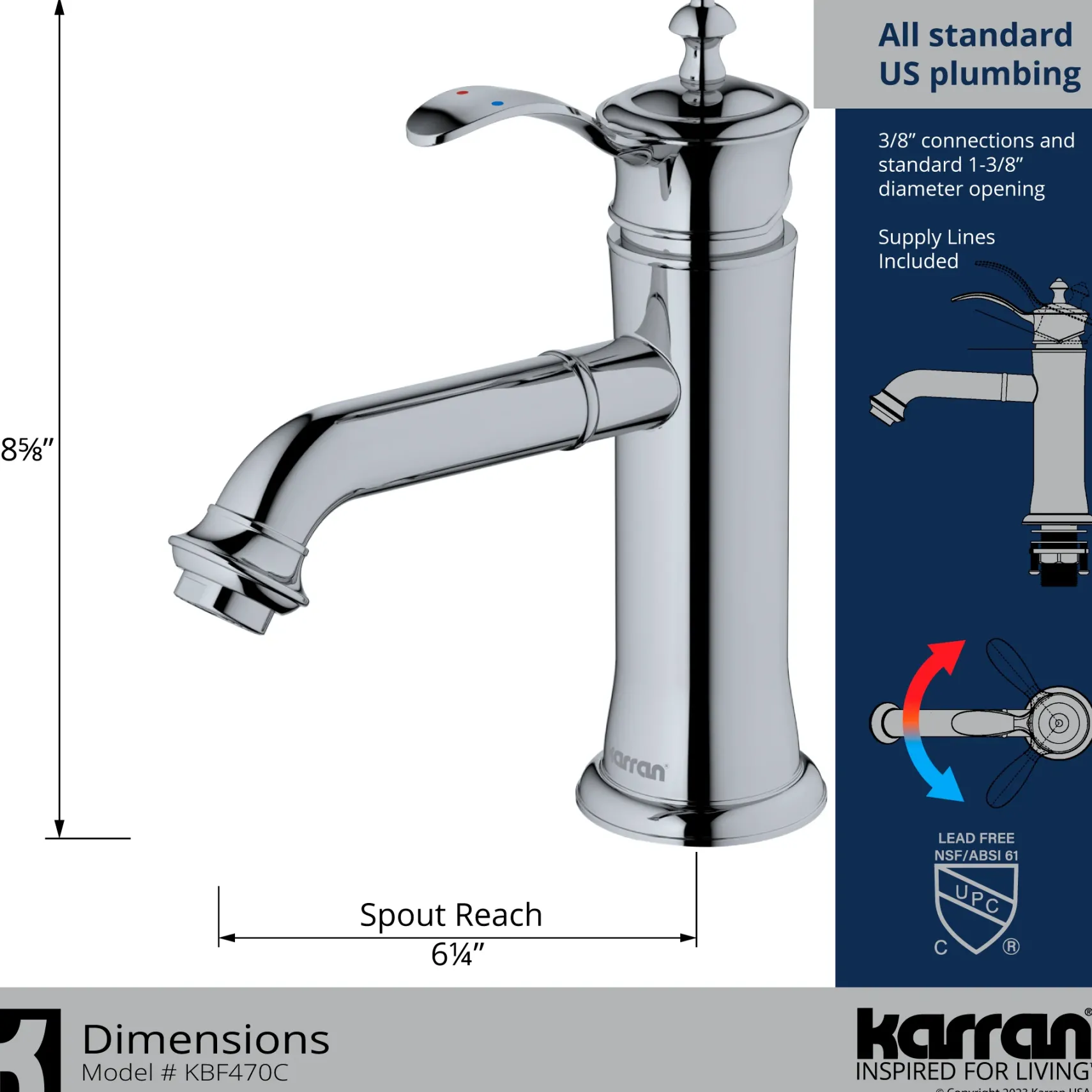 Karran Vineyard 1.2 GPM Single Lever Handle Lead-free Brass ADA Bathroom Faucet, Basin, Chrome, KBF470C