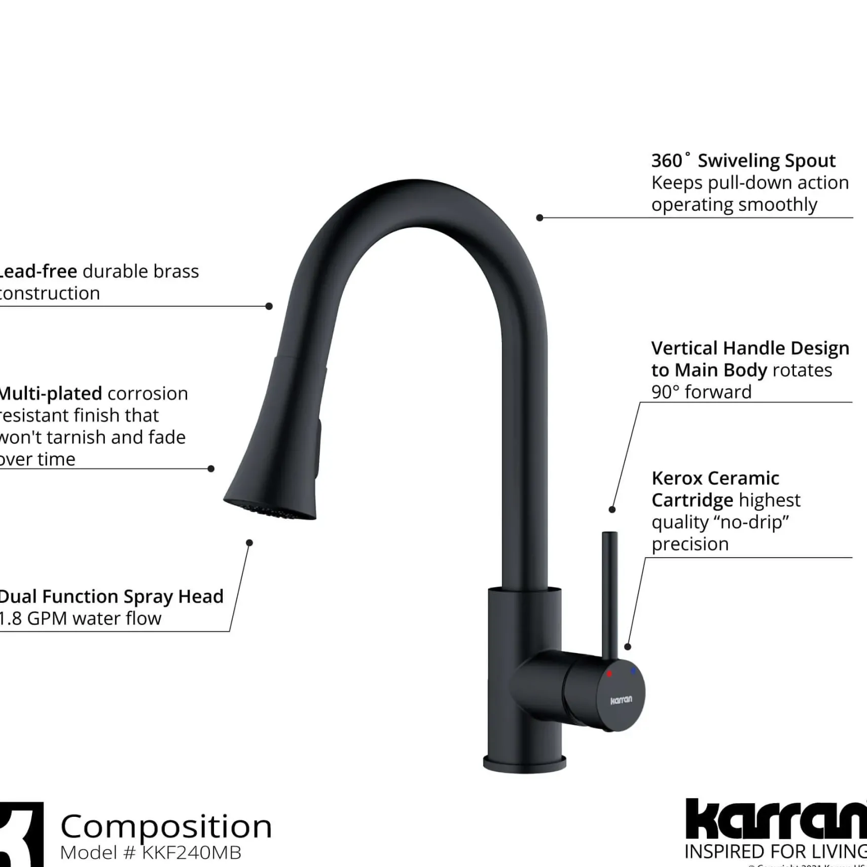 Karran Weybridge 1.8 GPM Single Lever Handle Lead-free Brass ADA Kitchen Faucet, Pull-Down Kitchen, Matte Black, KKF240MB