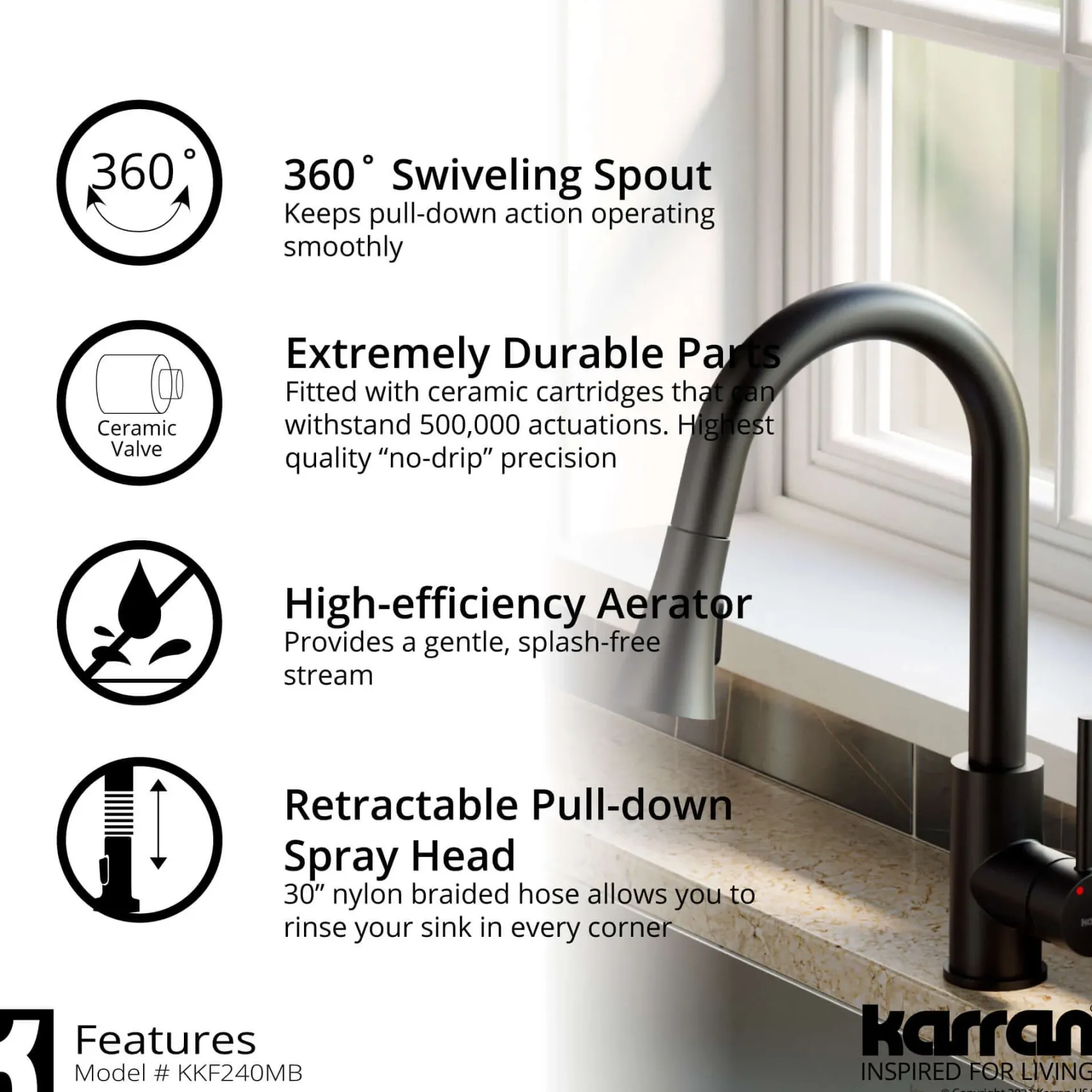 Karran Weybridge 1.8 GPM Single Lever Handle Lead-free Brass ADA Kitchen Faucet, Pull-Down Kitchen, Matte Black, KKF240MB