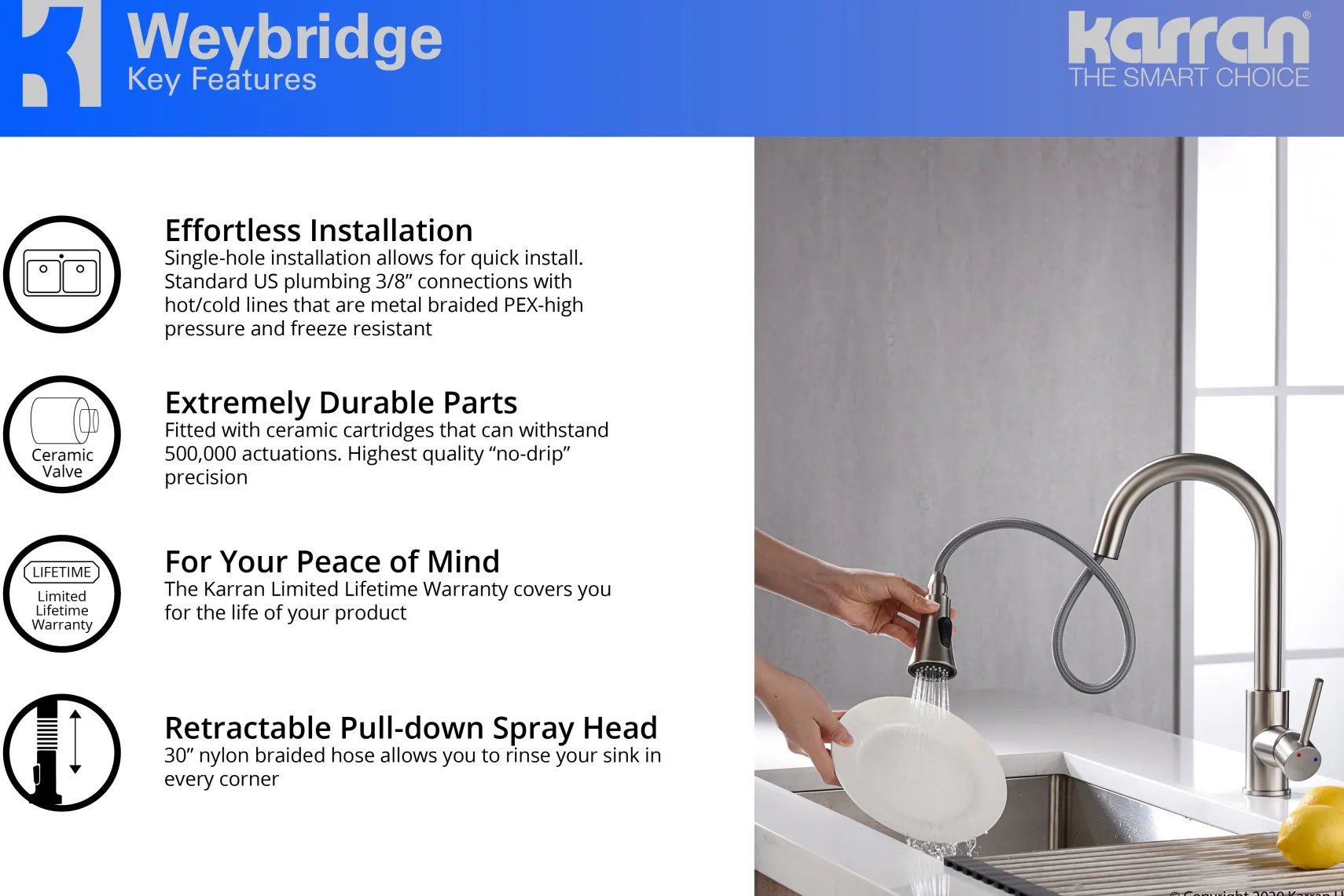Karran Weybridge Single Lever Handle Lead-free Brass ADA Kitchen Faucet, Pull Down, Stainless Steel, KKF240SS