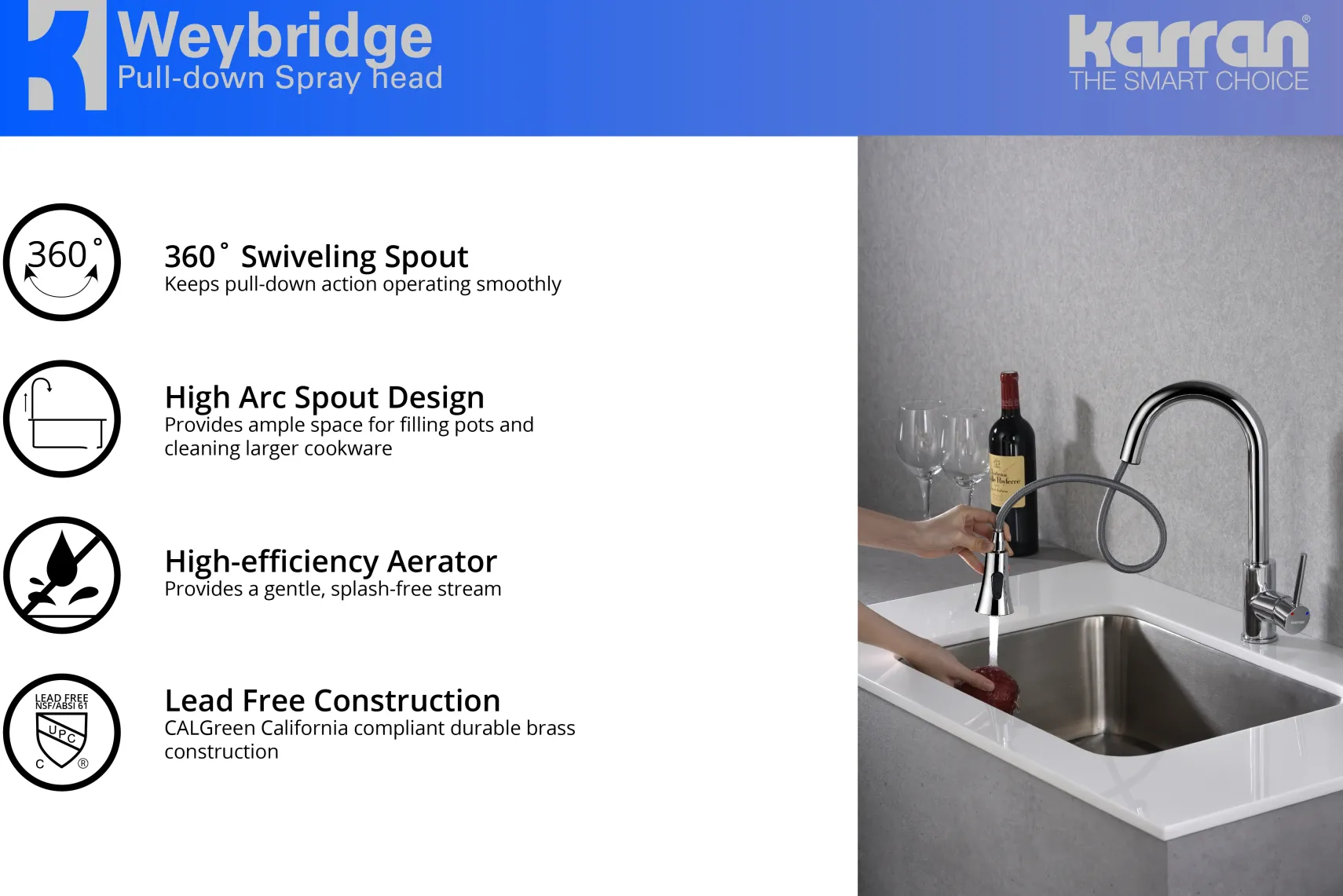 Karran Weybridge Single Lever Handle Lead-free Brass ADA Kitchen Faucet, Pull Down, Chrome, KKF240C