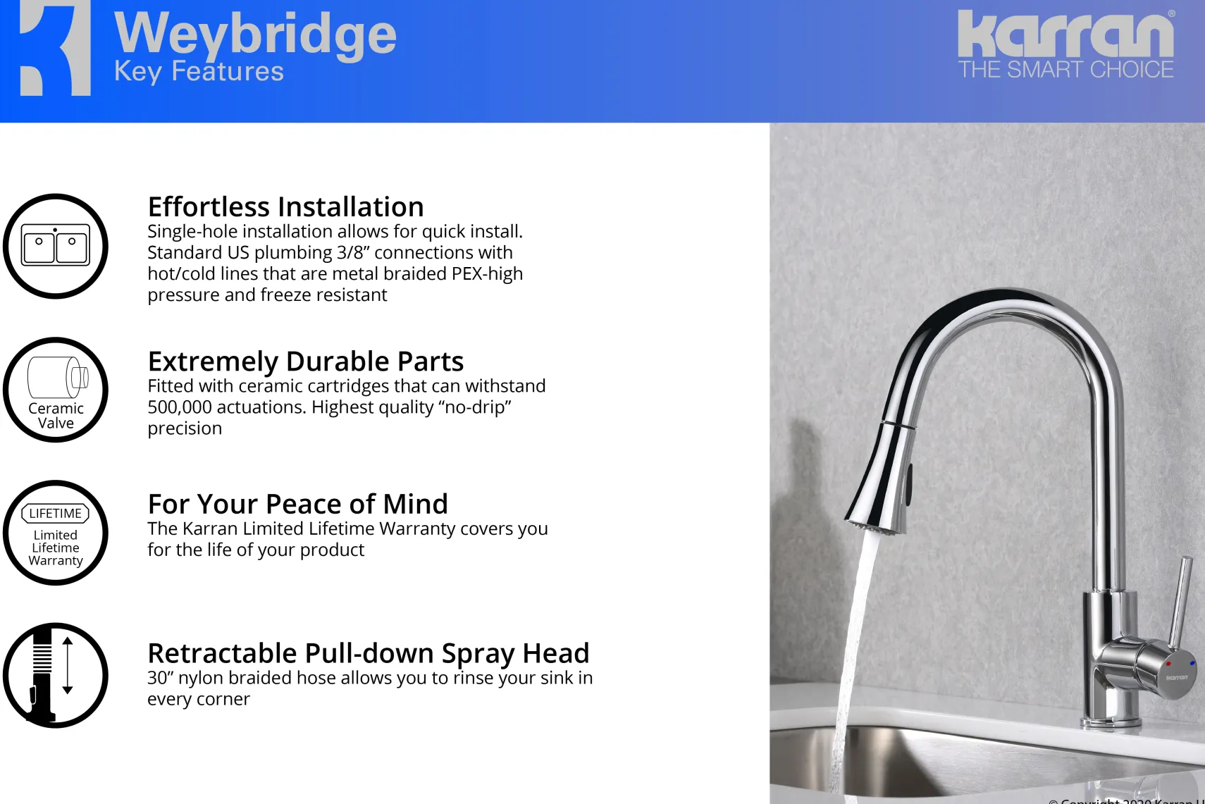 Karran Weybridge Single Lever Handle Lead-free Brass ADA Kitchen Faucet, Pull Down, Chrome, KKF240C