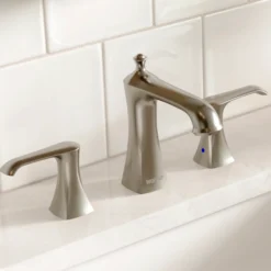 Karran Woodburn 1.2 GPM Double Lever Handle Lead-free Brass ADA Bathroom Faucet, Widespread, Stainless Steel, KBF414SS
