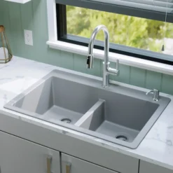 Karran 33" Drop In/Topmount Quartz Composite Kitchen Sink, 50/50 Double Bowl, Grey, QT-810-GR