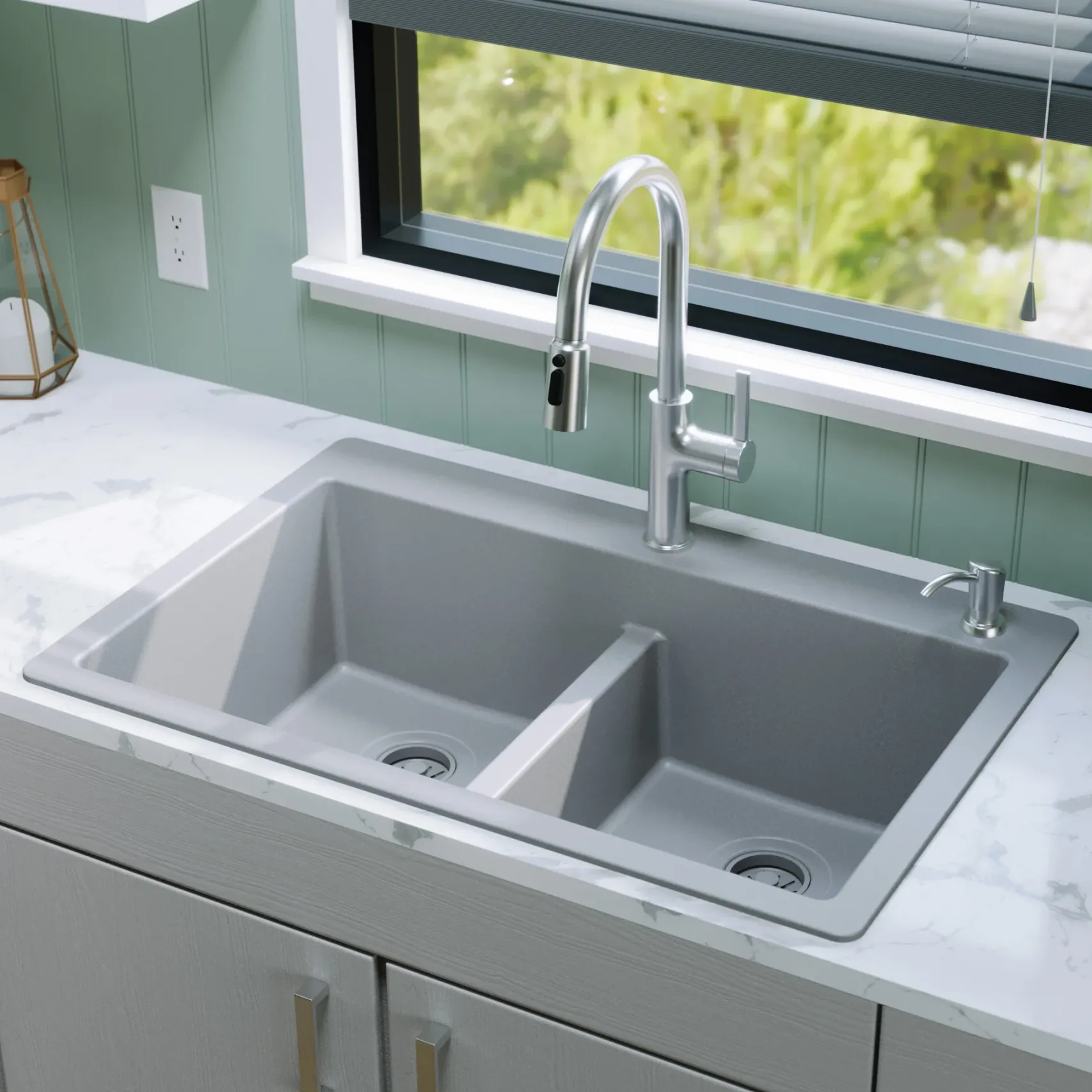 Karran 33" Drop In/Topmount Quartz Composite Kitchen Sink, 50/50 Double Bowl, Grey, QT-810-GR