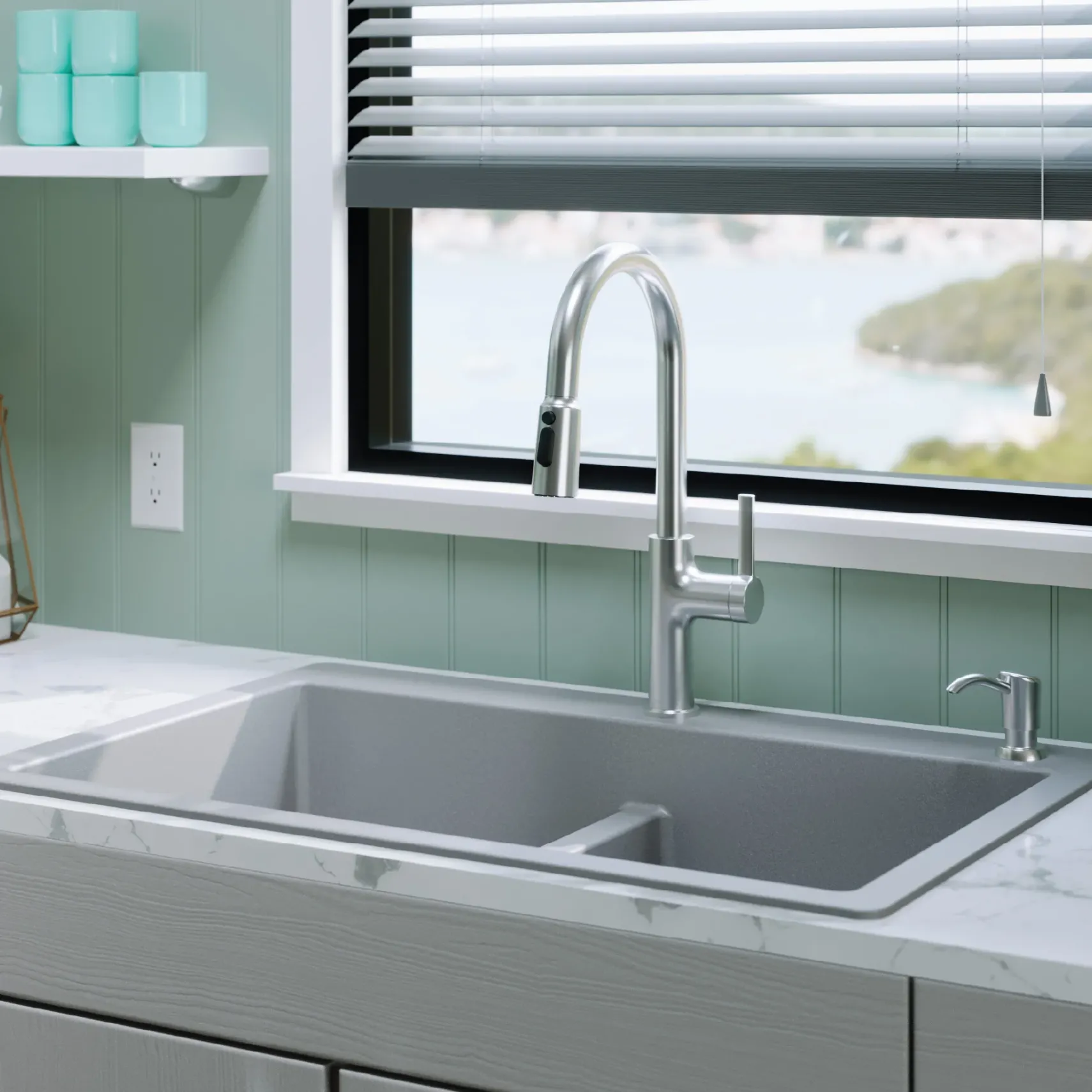 Karran 33" Drop In/Topmount Quartz Composite Kitchen Sink, 50/50 Double Bowl, Grey, QT-810-GR