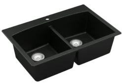 Karran 33" Drop In/Topmount Quartz Composite Kitchen Sink, 50/50 Double Bowl, Black, QT-710-BL