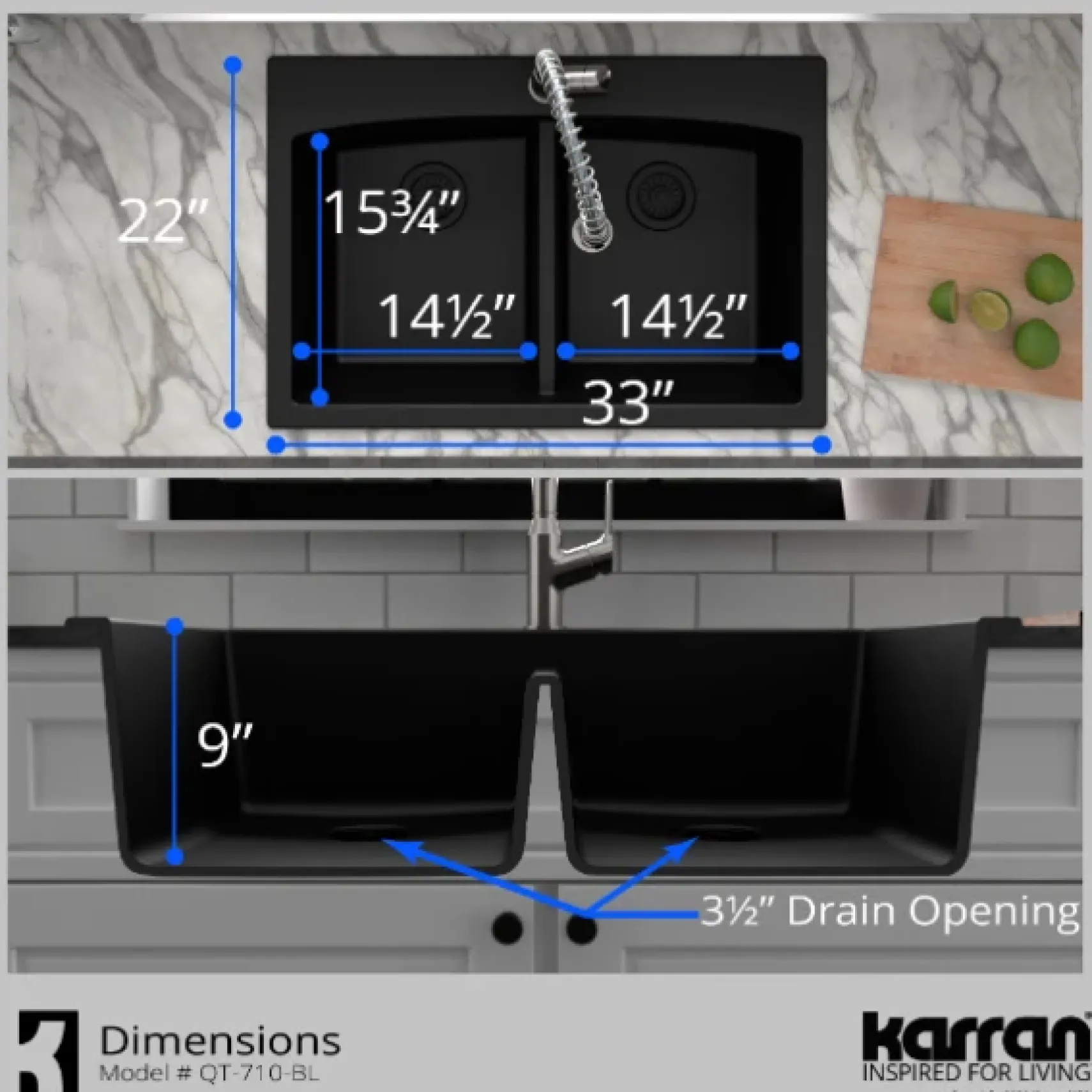 Karran 33" Drop In/Topmount Quartz Composite Kitchen Sink, 50/50 Double Bowl, Black, QT-710-BL