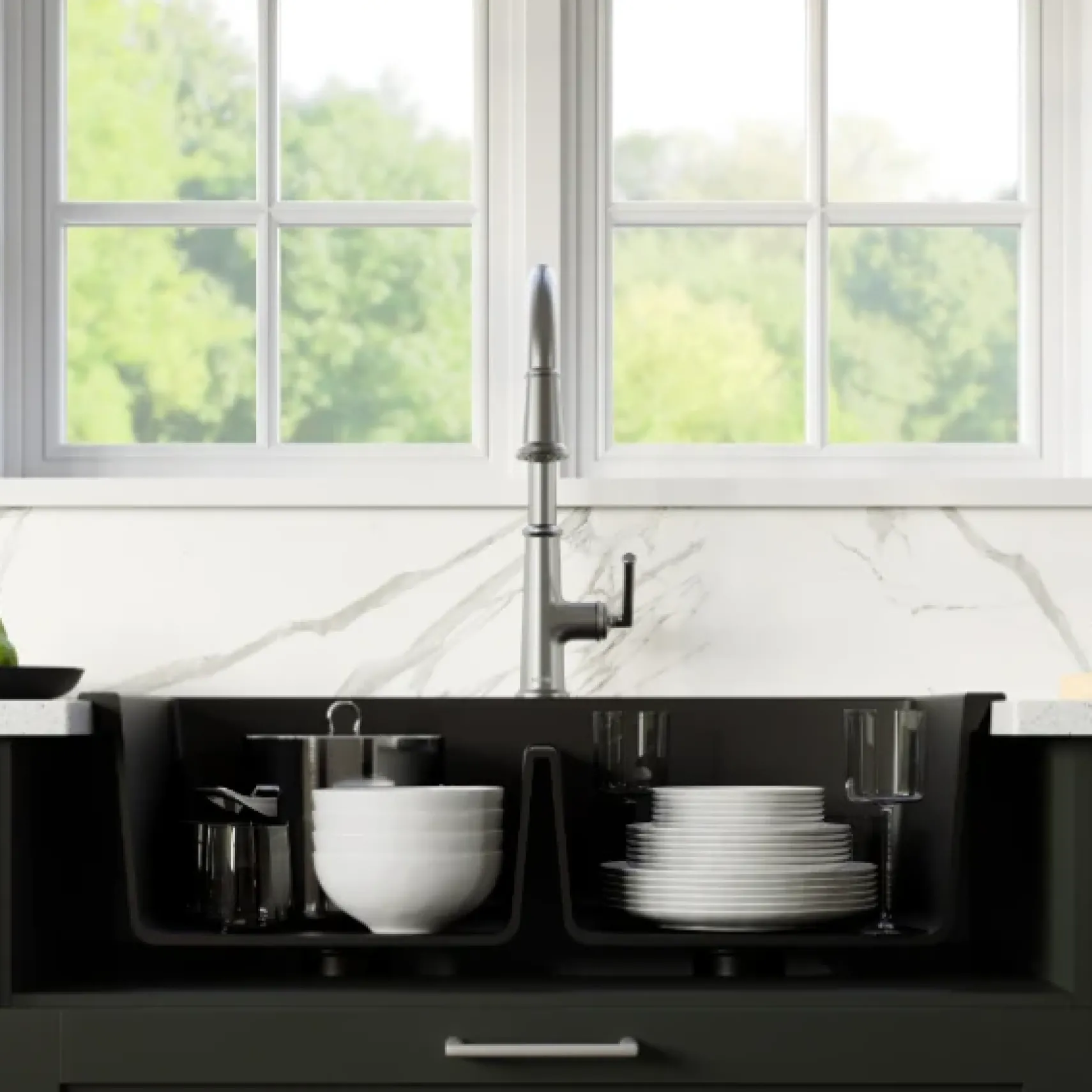 Karran 33" Drop In/Topmount Quartz Composite Kitchen Sink, 50/50 Double Bowl, Black, QT-710-BL