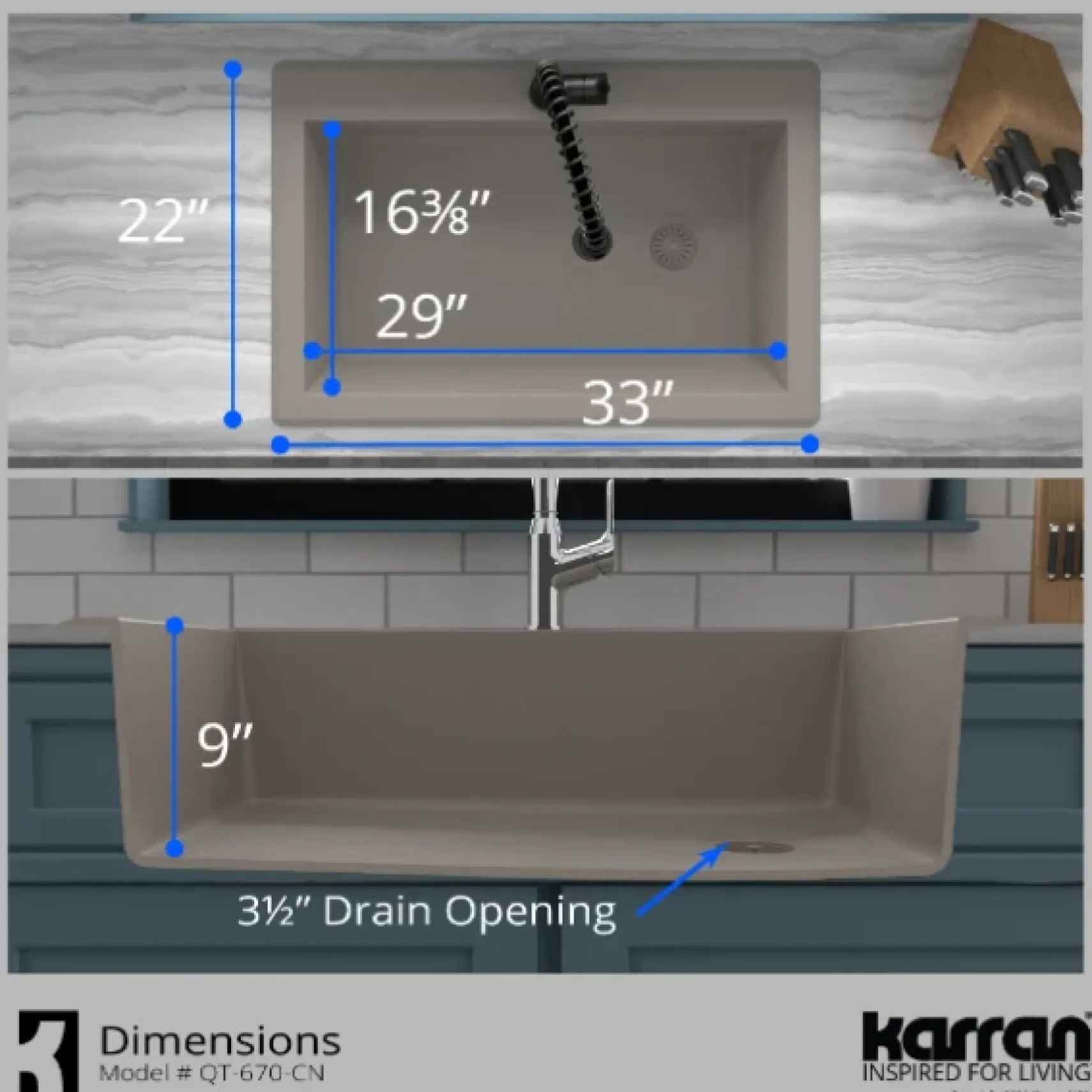 Karran 33" Drop In/Topmount Quartz Composite Kitchen Sink, Concrete, QT-670-CN