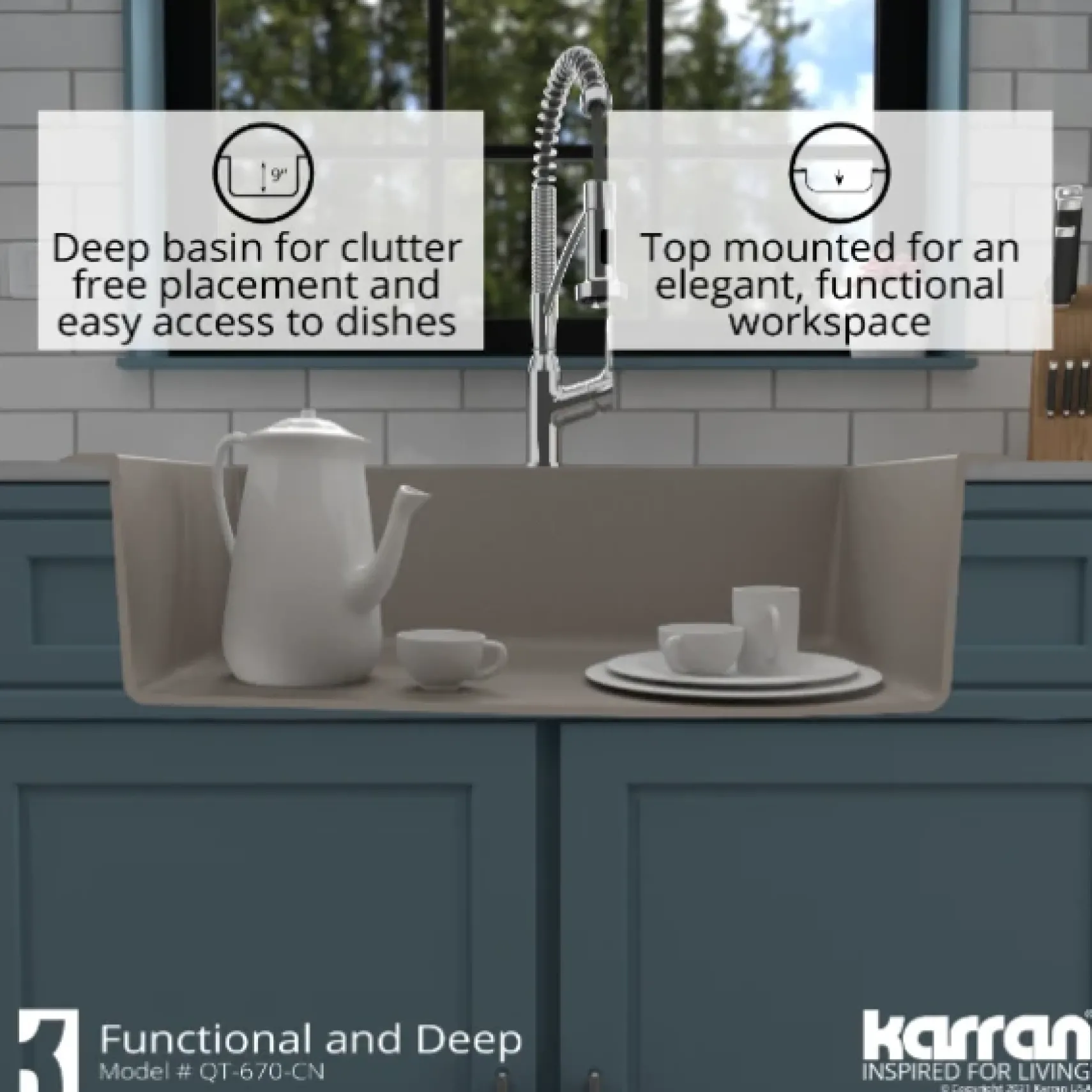 Karran 33" Drop In/Topmount Quartz Composite Kitchen Sink, Concrete, QT-670-CN