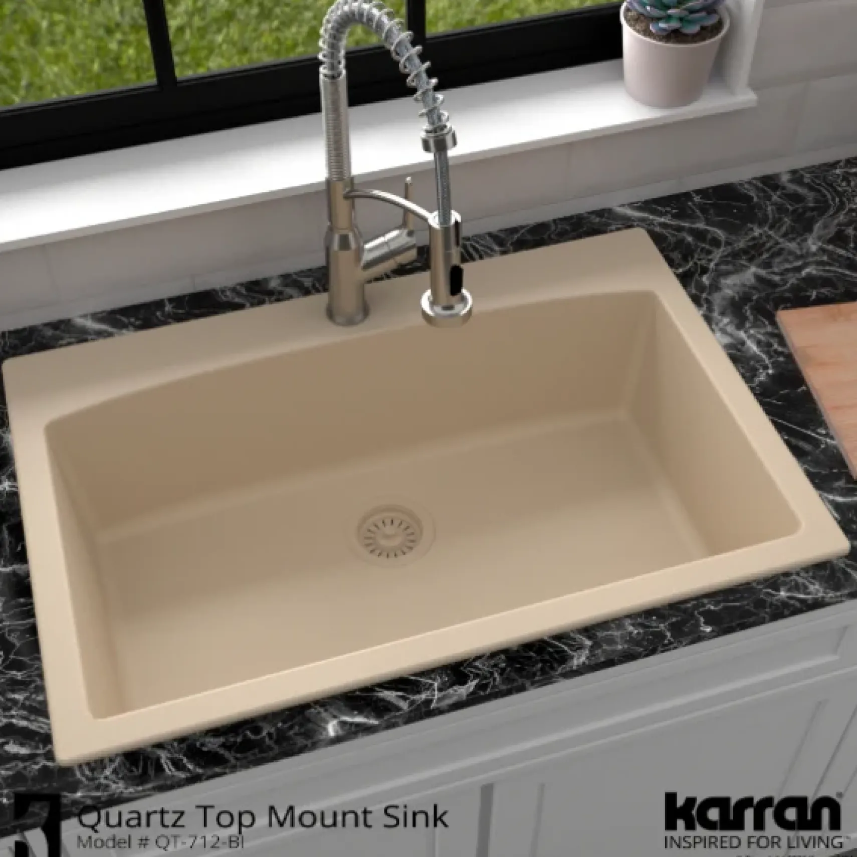 Karran 33" Drop In/Topmount Quartz Composite Kitchen Sink, Bisque, QT-712-BI-PK1