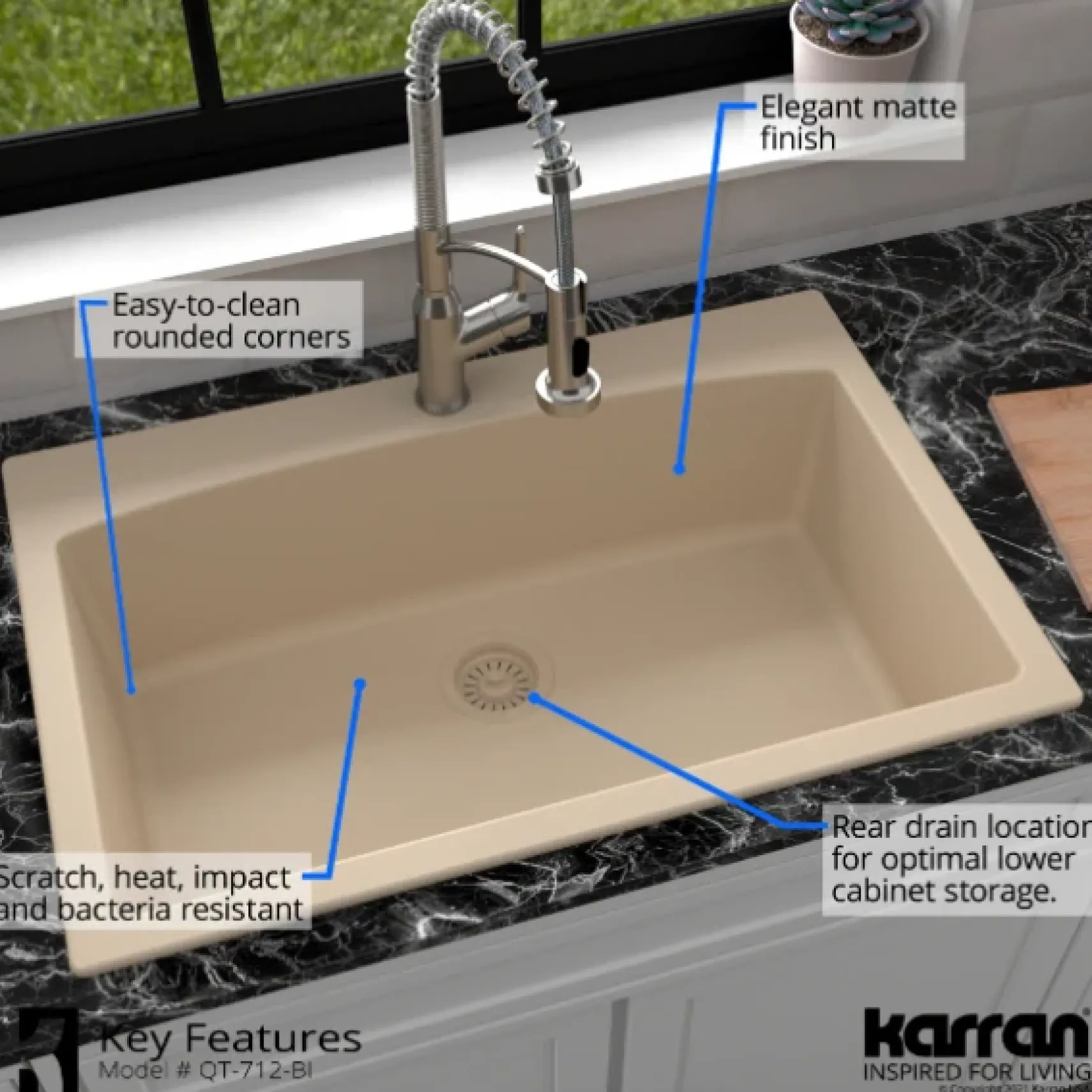 Karran 33" Drop In/Topmount Quartz Composite Kitchen Sink, Bisque, QT-712-BI-PK1