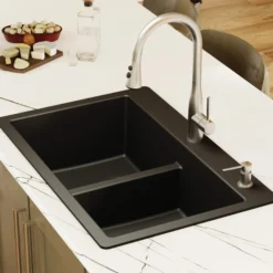 Karran 33" Drop In/Topmount Quartz Composite Kitchen Sink, 50/50 Double Bowl, Black, QT-810-BL