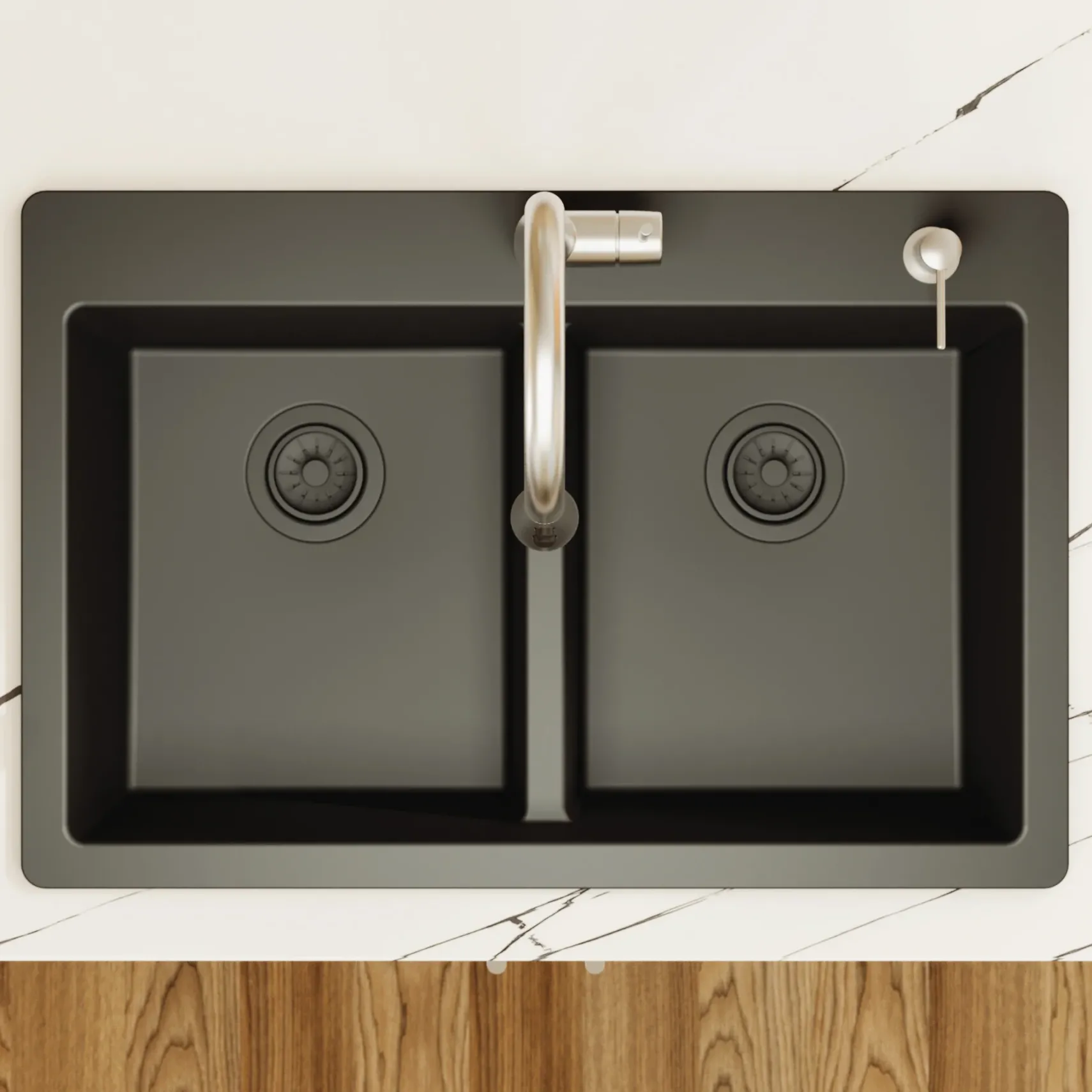 Karran 33" Drop In/Topmount Quartz Composite Kitchen Sink, 50/50 Double Bowl, Black, QT-810-BL