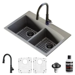 Karran 33" Drop In/Topmount Quartz Composite Kitchen Sink with Matte Black Faucet and Accessories, 50/50 Double Bowl, Grey, QT710GRKKF330MB