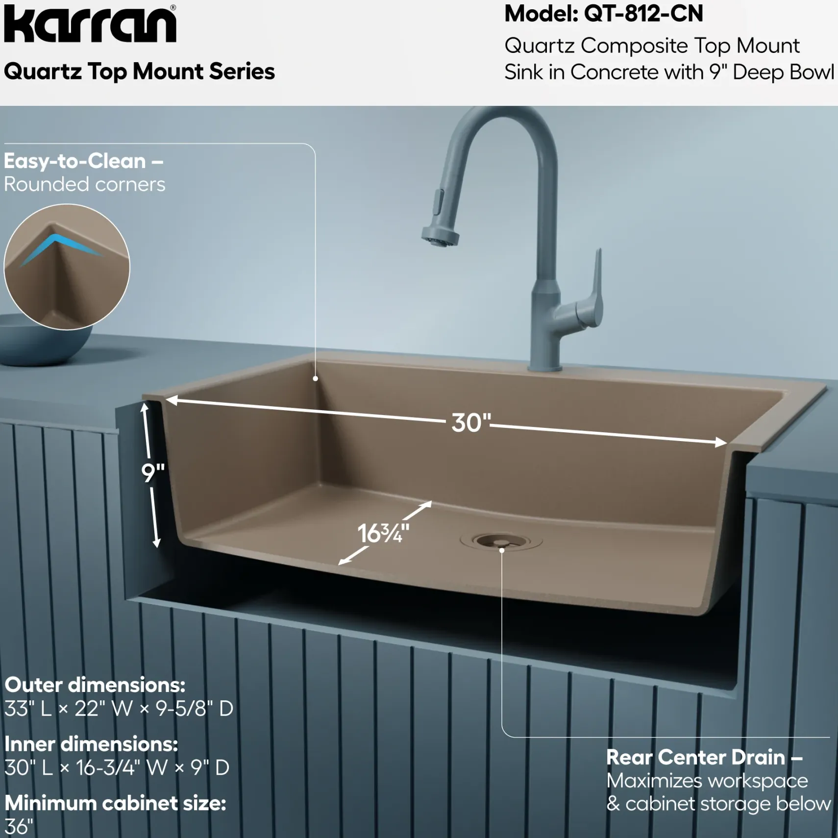 Karran 33" Drop In/Topmount Quartz Composite Kitchen Sink, Concrete, QT-812-CN